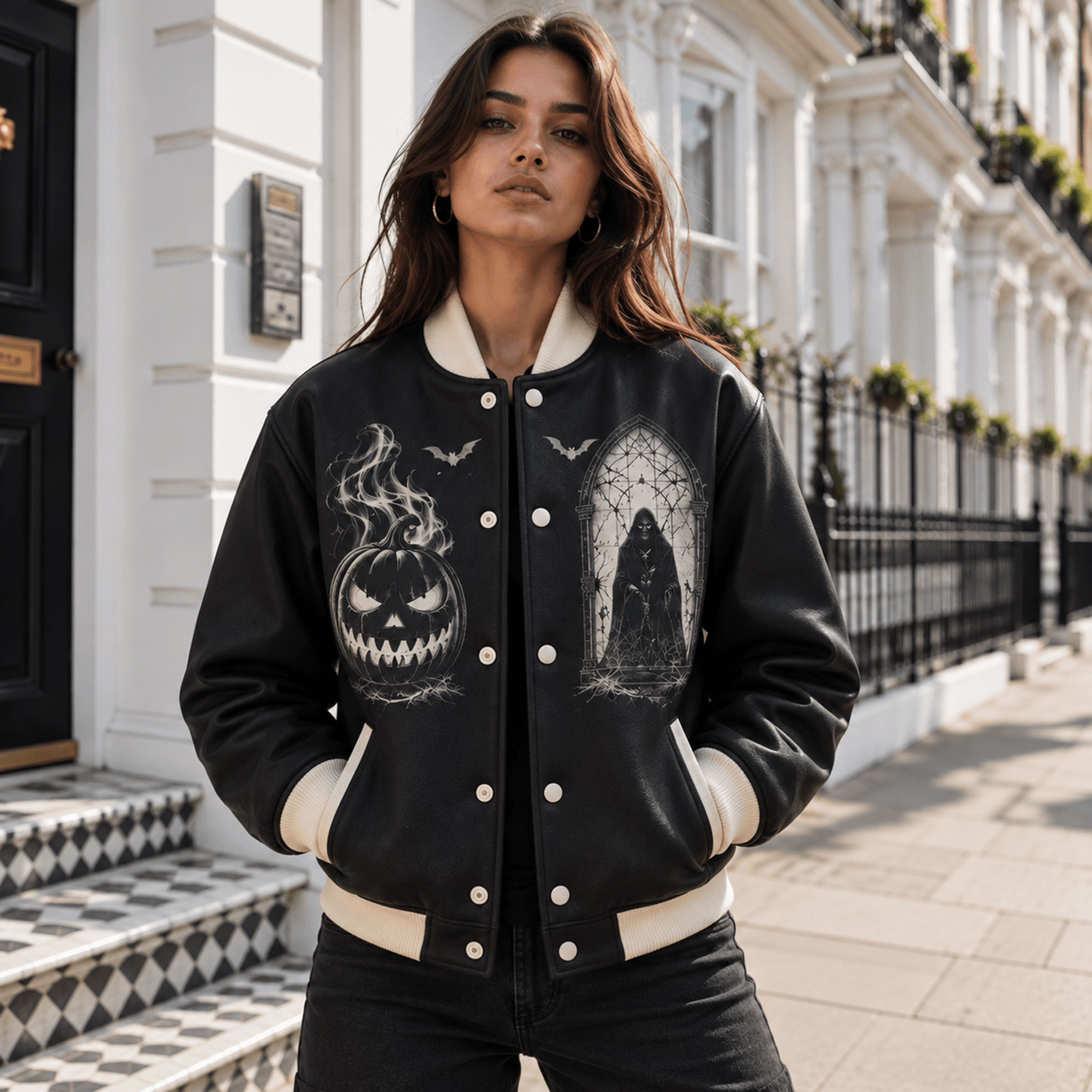 Unisex Halloween Varsity Jacket Grim Reaper Jack O Lantern Skull Design Black Gothic Horror Spooky  0