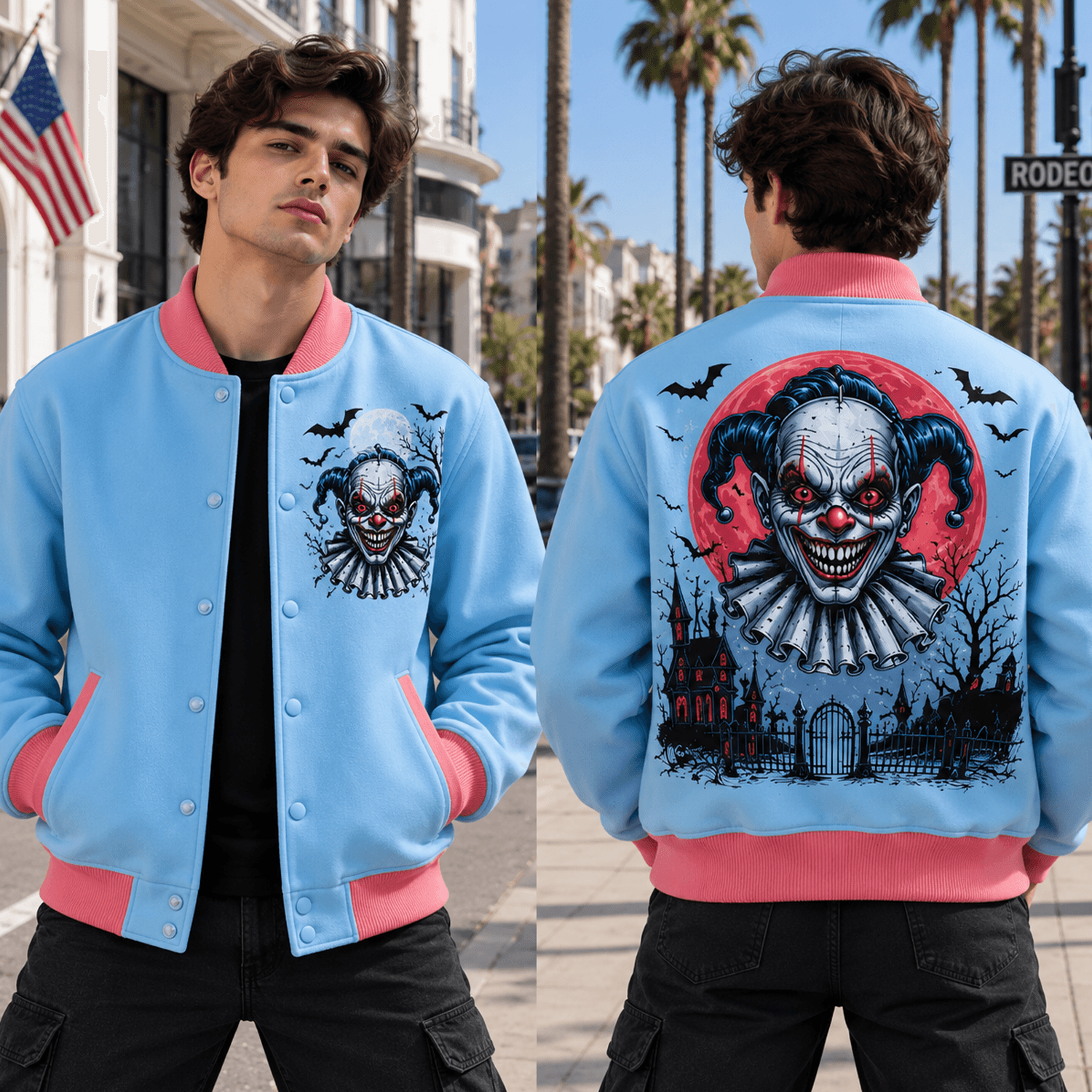 Unisex Halloween Varsity Jacket Scary Clown Haunted House Bat Design Blue Pink Horror Spooky Season 1