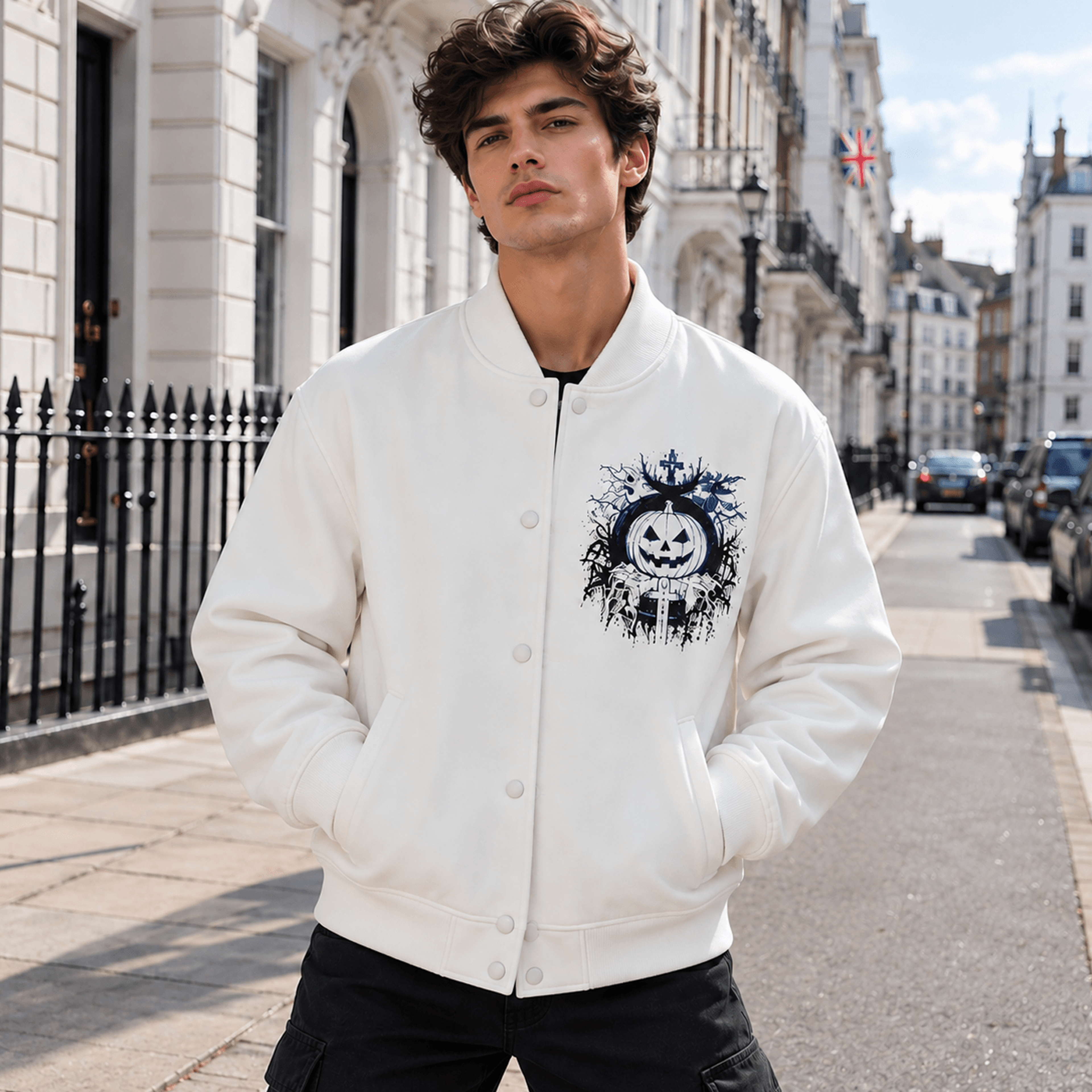 Unisex Halloween Varsity Jacket Jack O Lantern Graveyard Graphic White Pumpkin Gothic Spooky Season 0