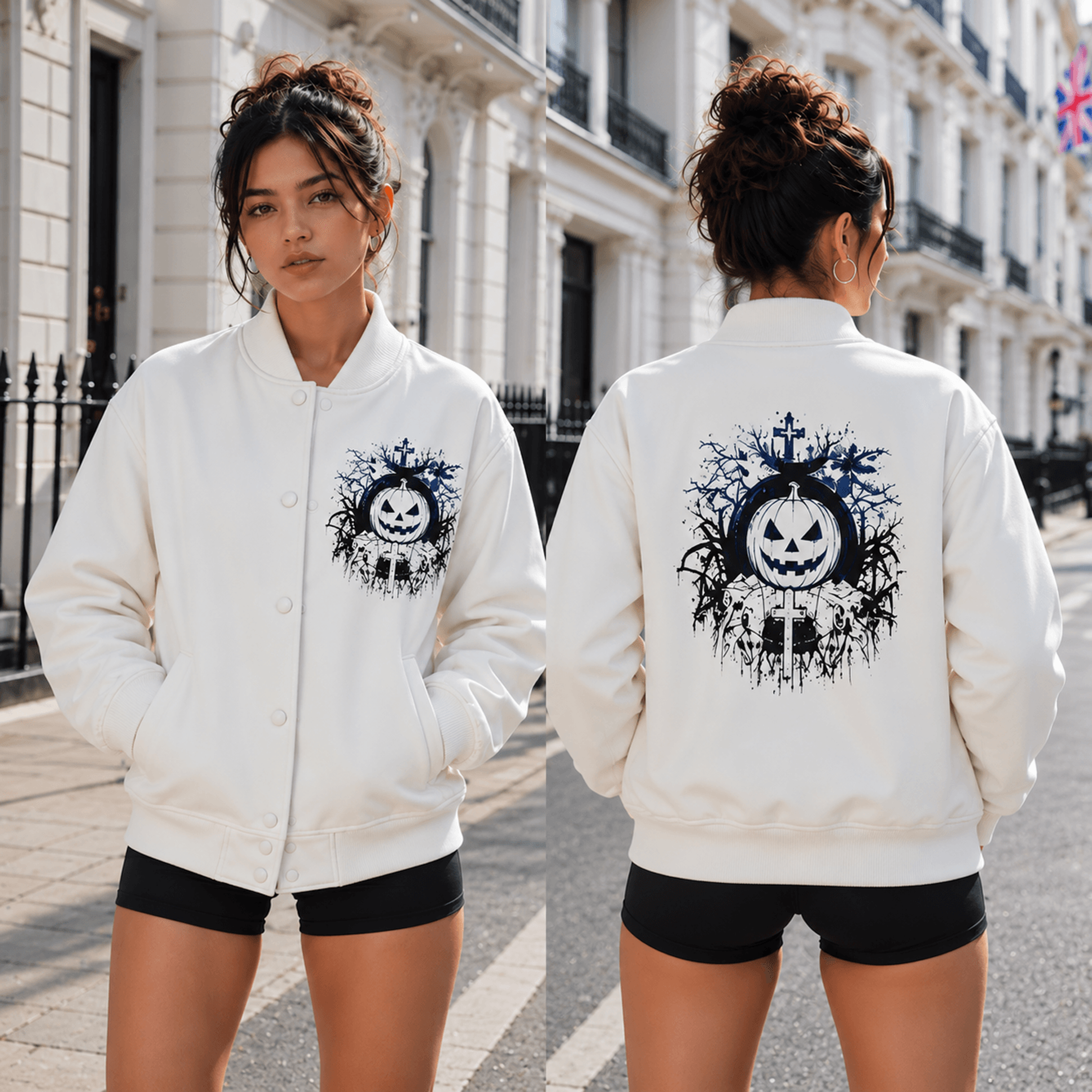 Unisex Halloween Varsity Jacket Jack O Lantern Graveyard Graphic White Pumpkin Gothic Spooky Season 1