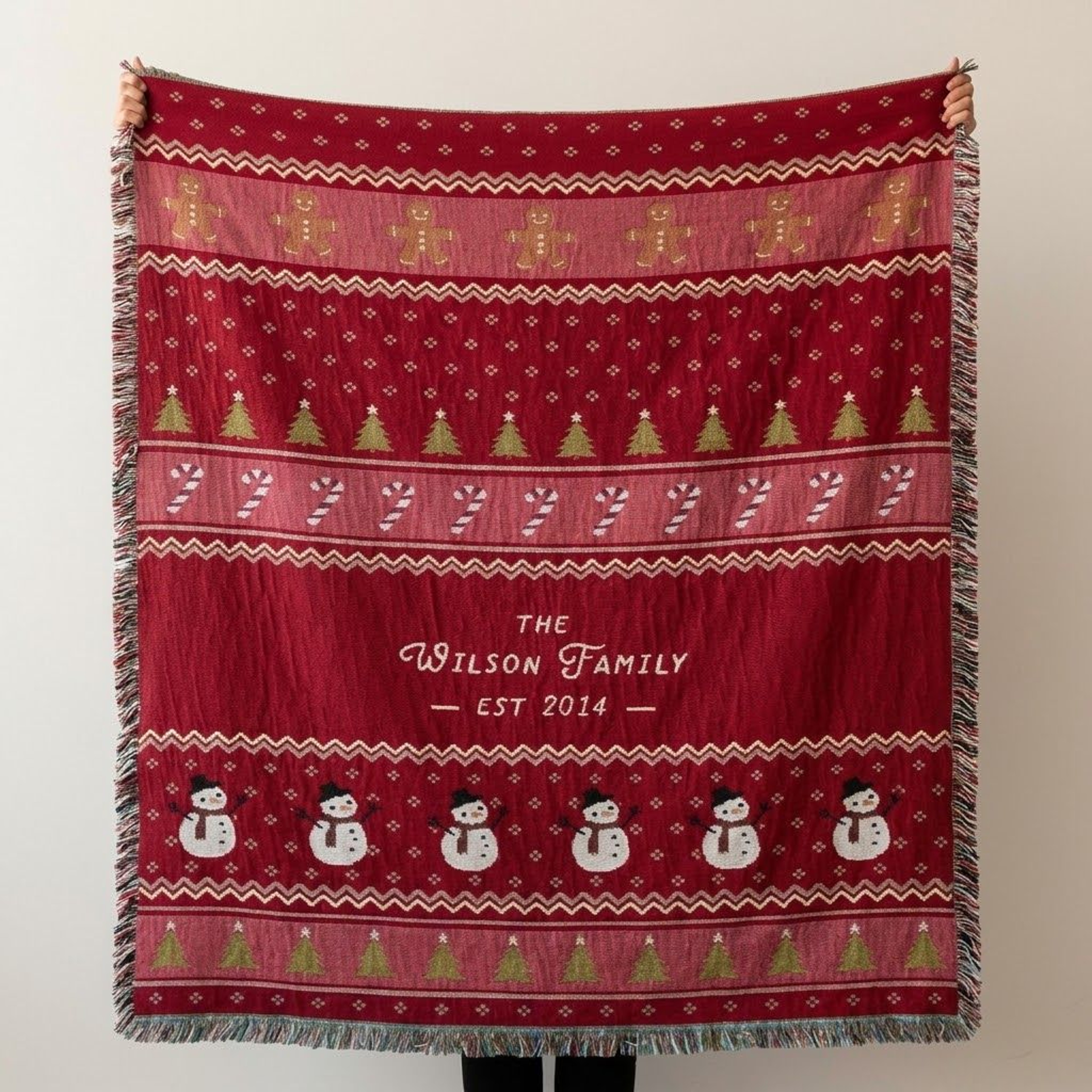 Personalized Christmas Woven Blanket Custom Family Name Holiday Throw Gingerbread Snowman Christmas 0