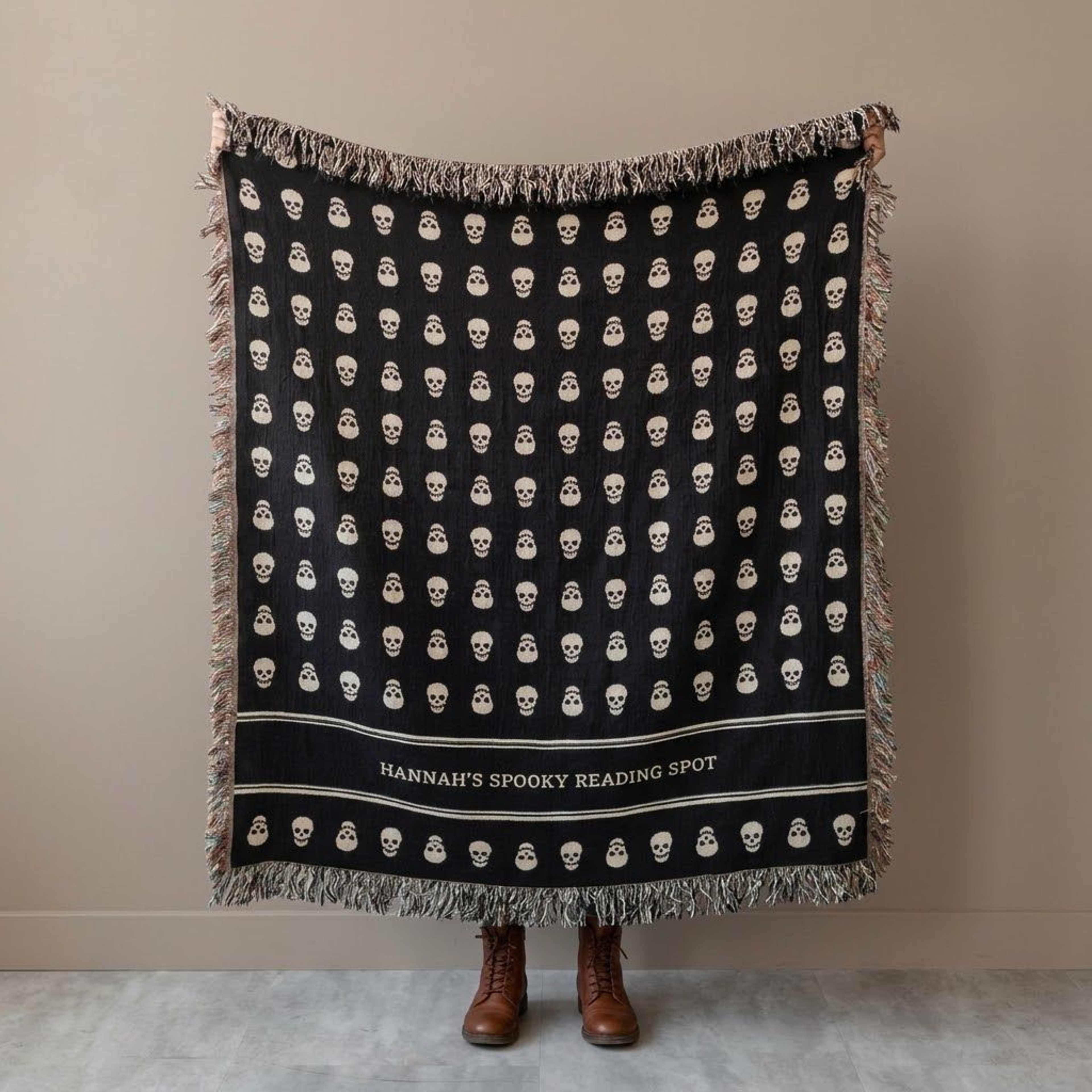 Personalized Halloween Woven Blanket Custom Spooky Reading Spot Throw Skull And Ghost Blanket Gothi 0