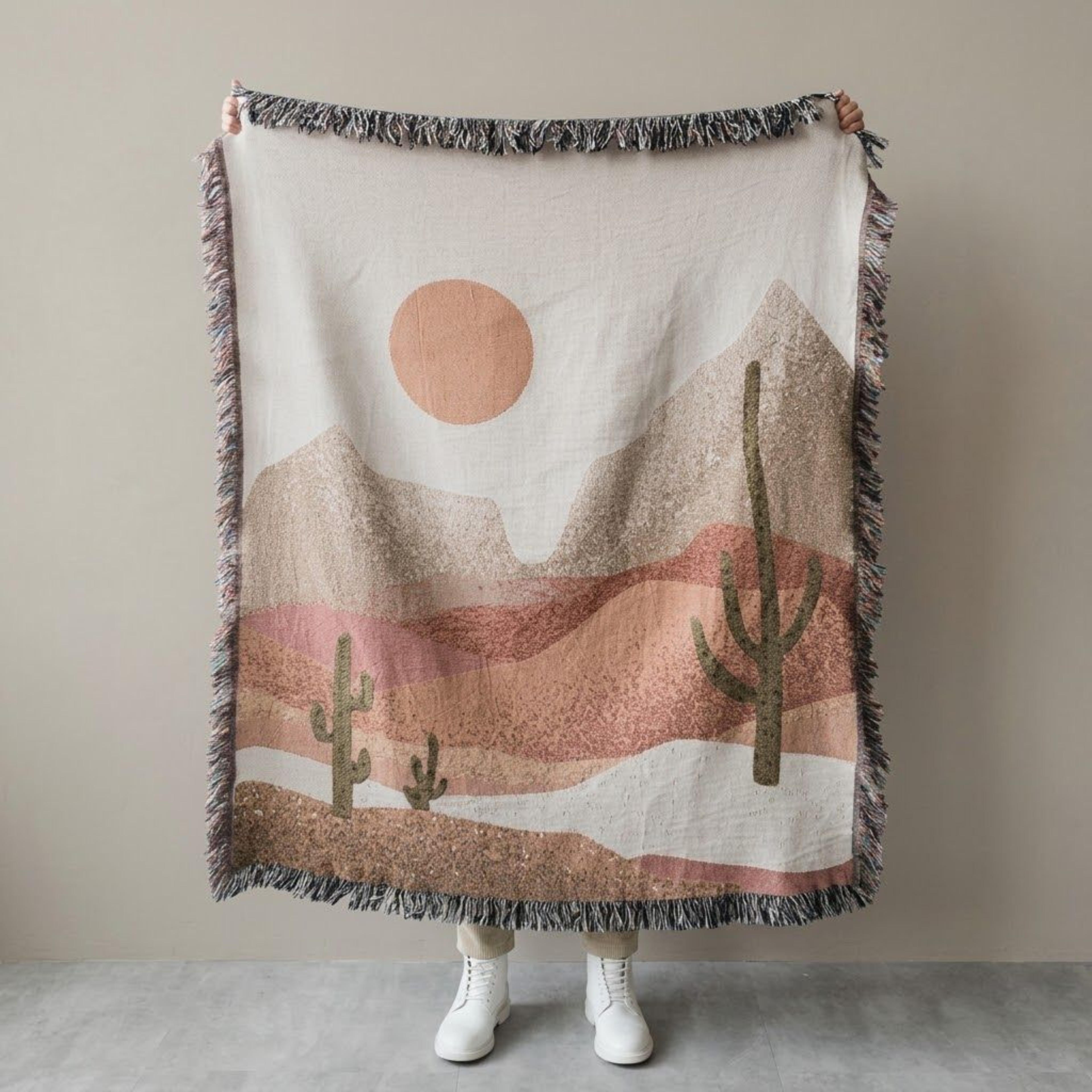 Boho Desert Sunset Woven Blanket Southwestern Cactus Mountain Throw Minimalist Landscape Blanket Ru 0