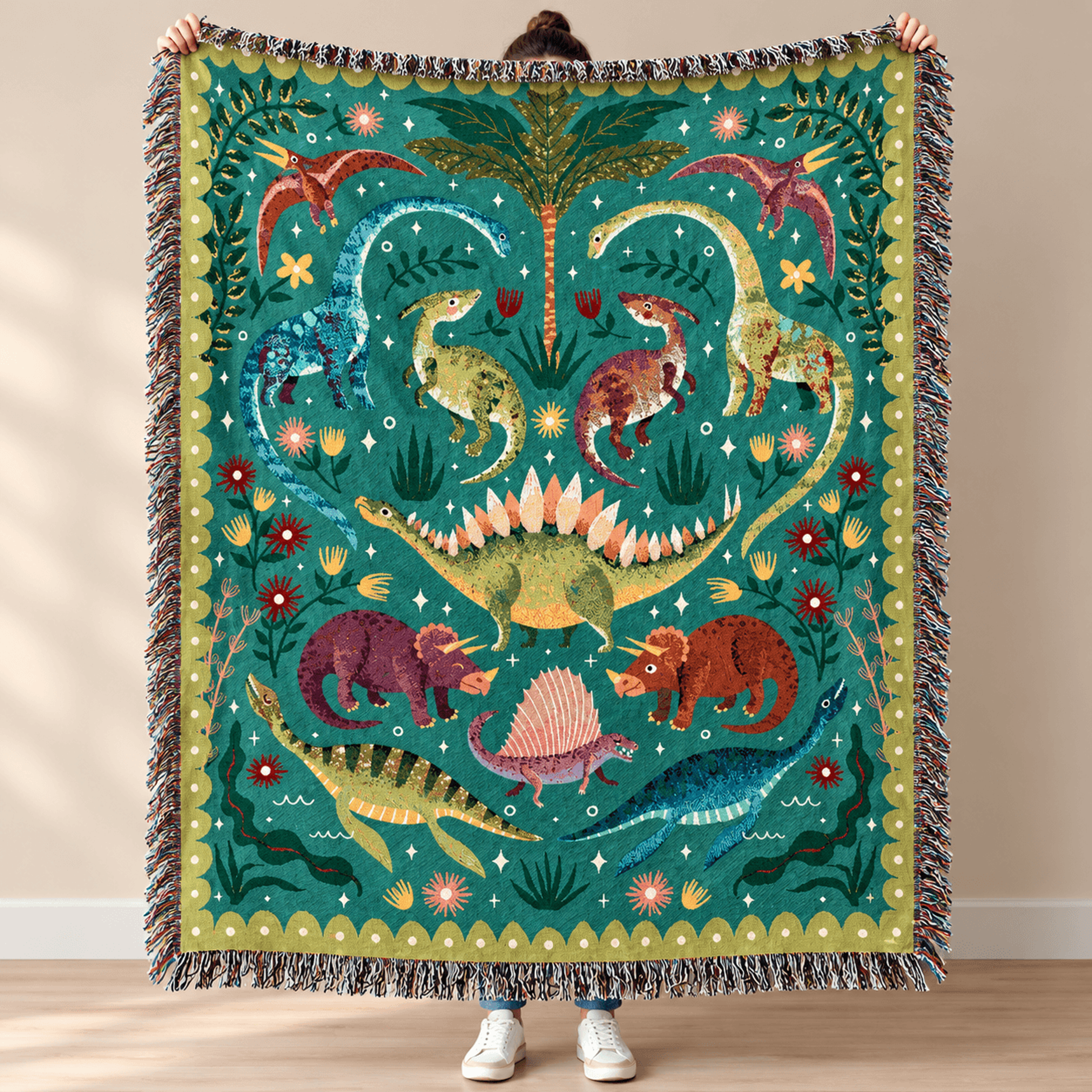 Dinosaur Woven Blanket Colorful Prehistoric Jungle Throw Cute Dino Lover Gift Jurassic Nursery Deco 0