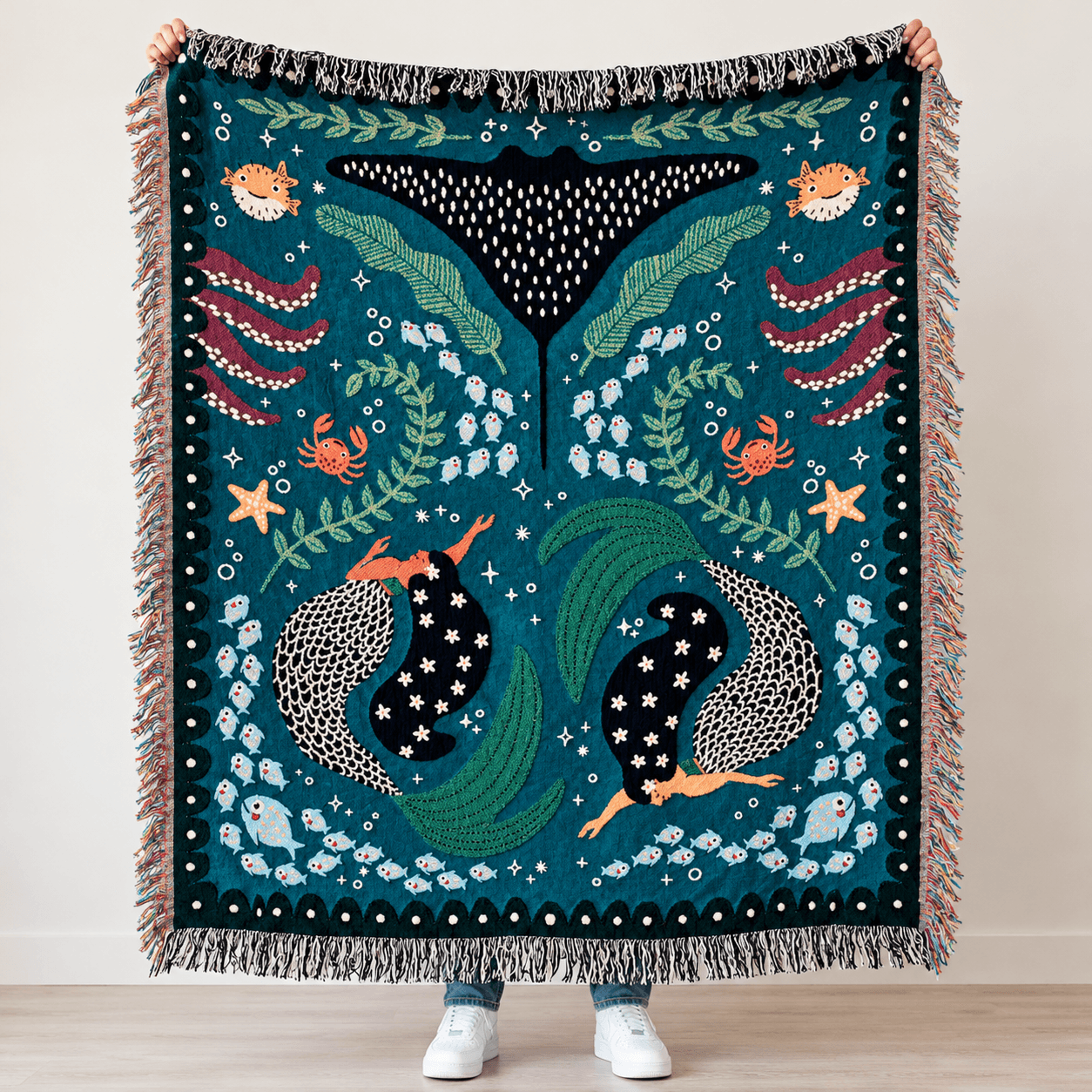 Ocean Mermaid Woven Blanket Whimsical Underwater Sea Life Throw Whale Tail Art Coastal Decor Mermai 0