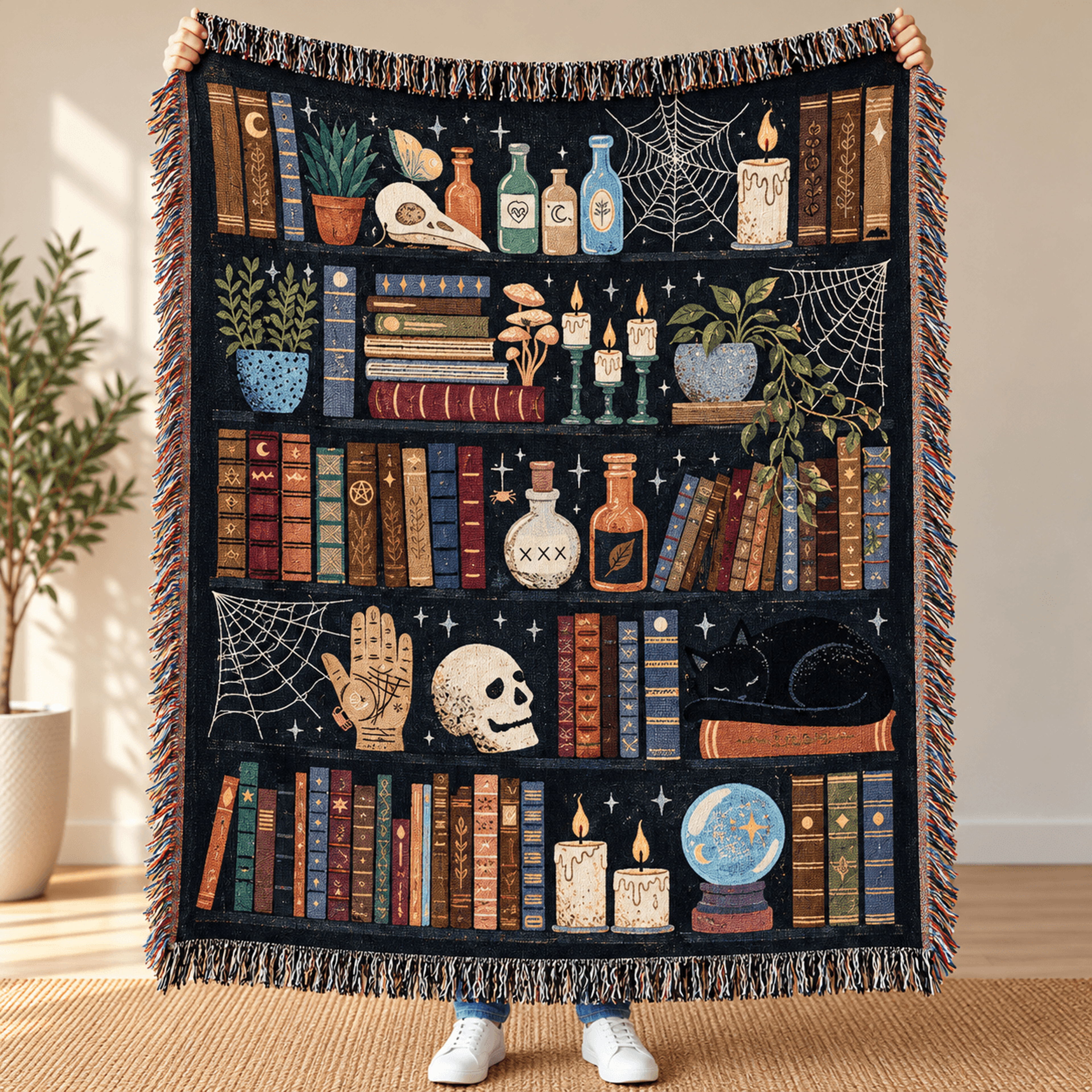 Witchy Bookshelf Woven Blanket Dark Academia Gothic Throw Mystical Library Decor Spooky Book Lover  0