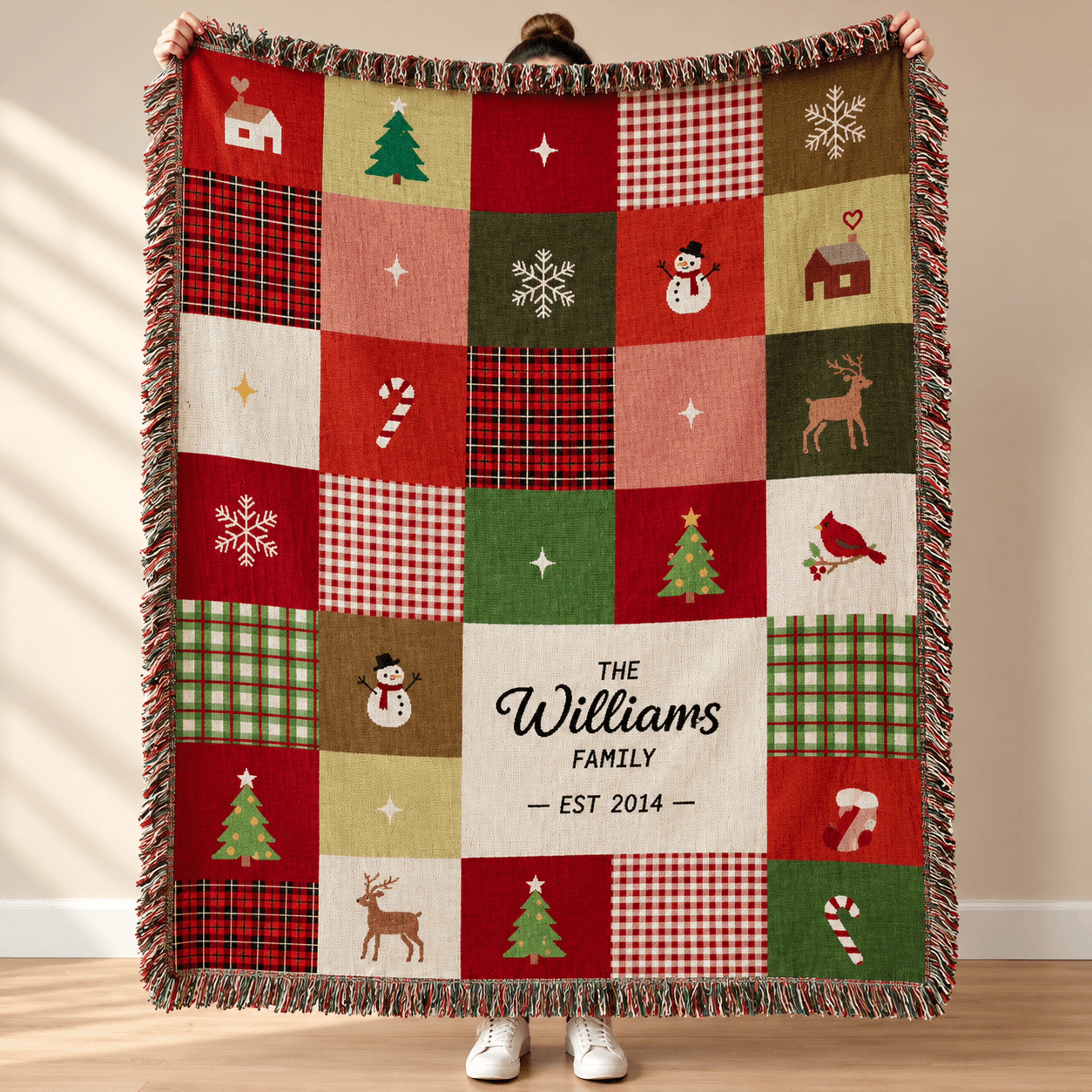 Personalized Christmas Family Woven Blanket Custom Family Name Holiday Throw Vintage Christmas Patc 0