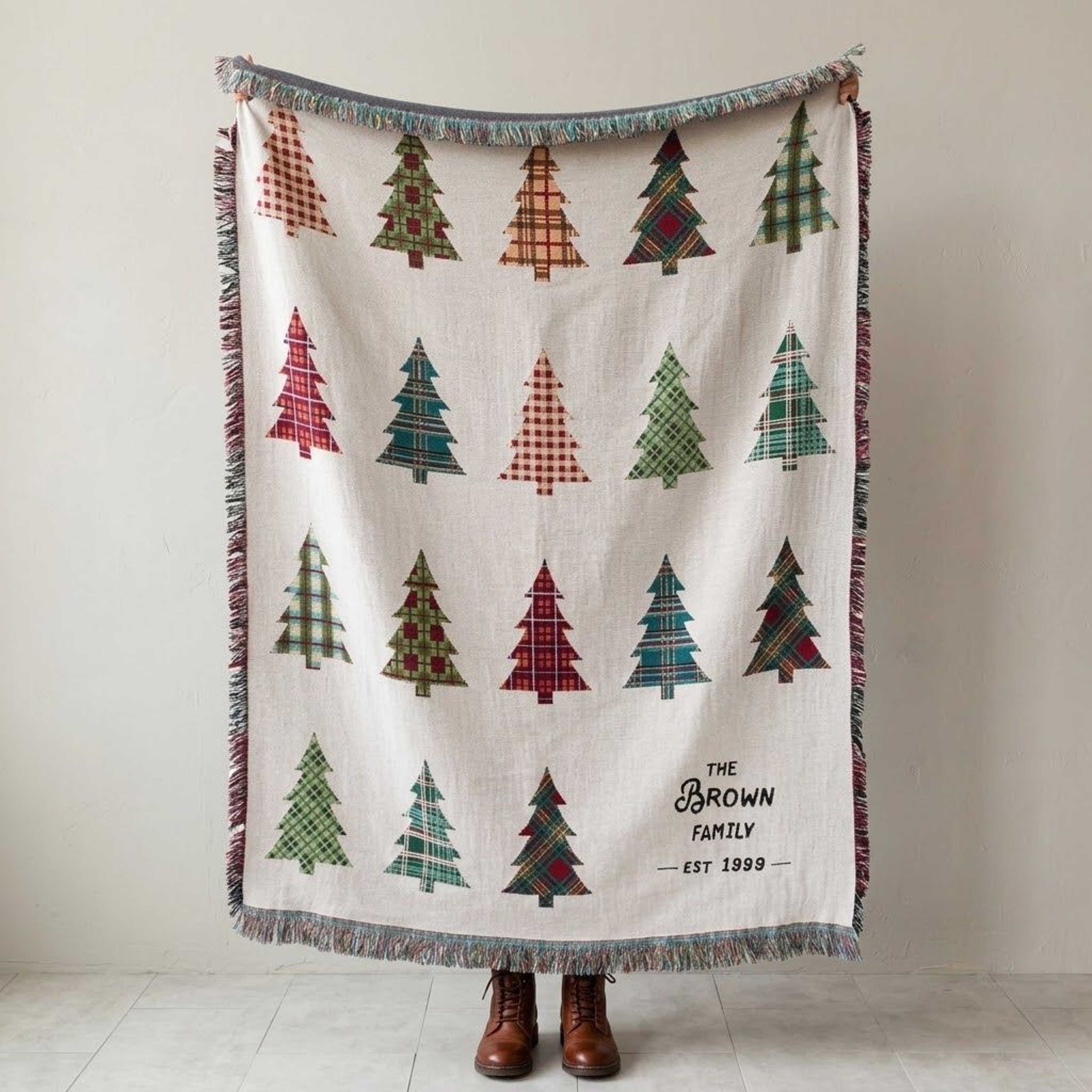 Personalized Christmas Tree Woven Blanket Custom Family Name Plaid Throw Rustic Farmhouse Holiday D 0