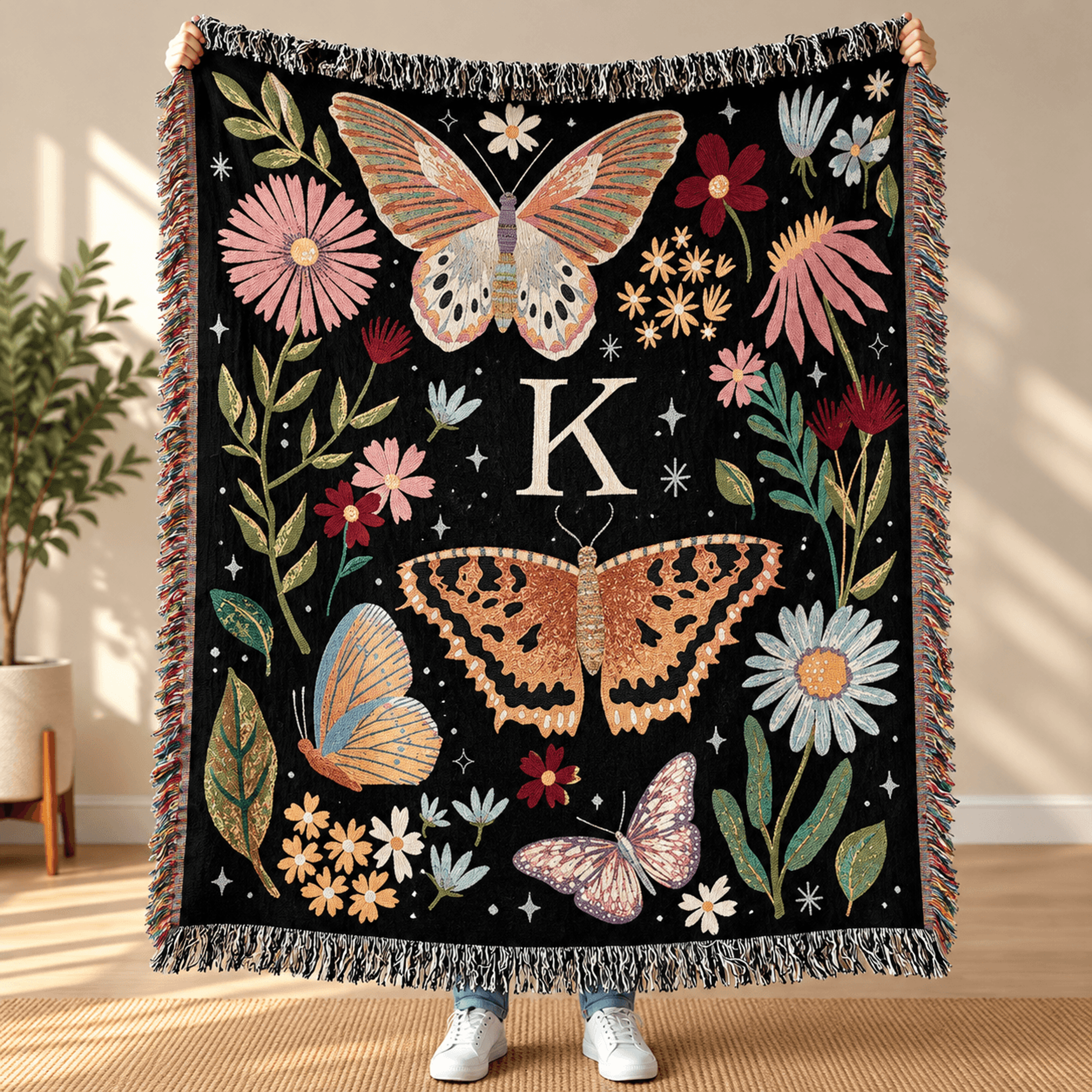Personalized Butterfly Woven Blanket Custom Initial Floral Throw Vintage Wildflower And Butterfly G 0