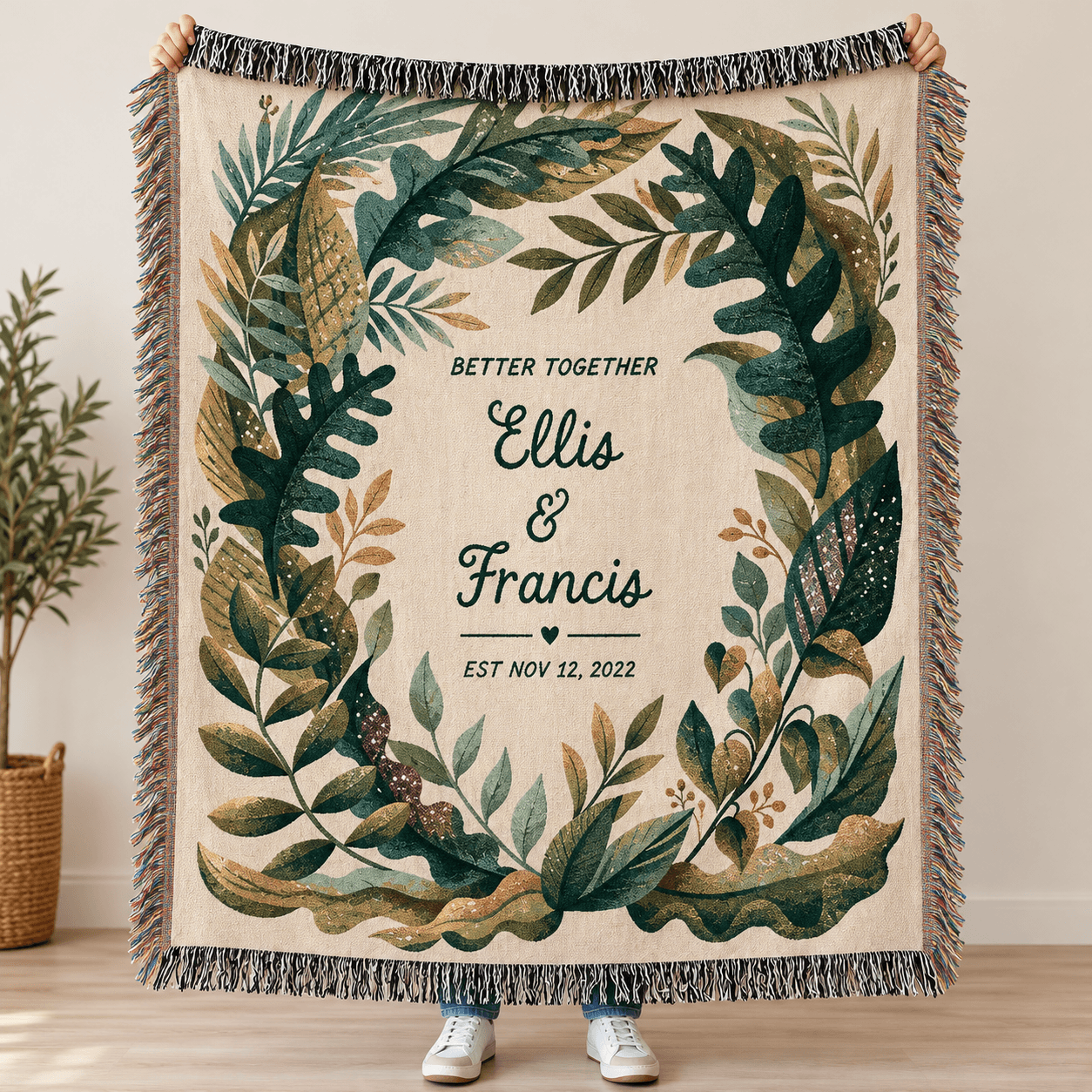 Personalized Couple Woven Blanket Custom Names And Anniversary Date Throw Better Together Botanical 0