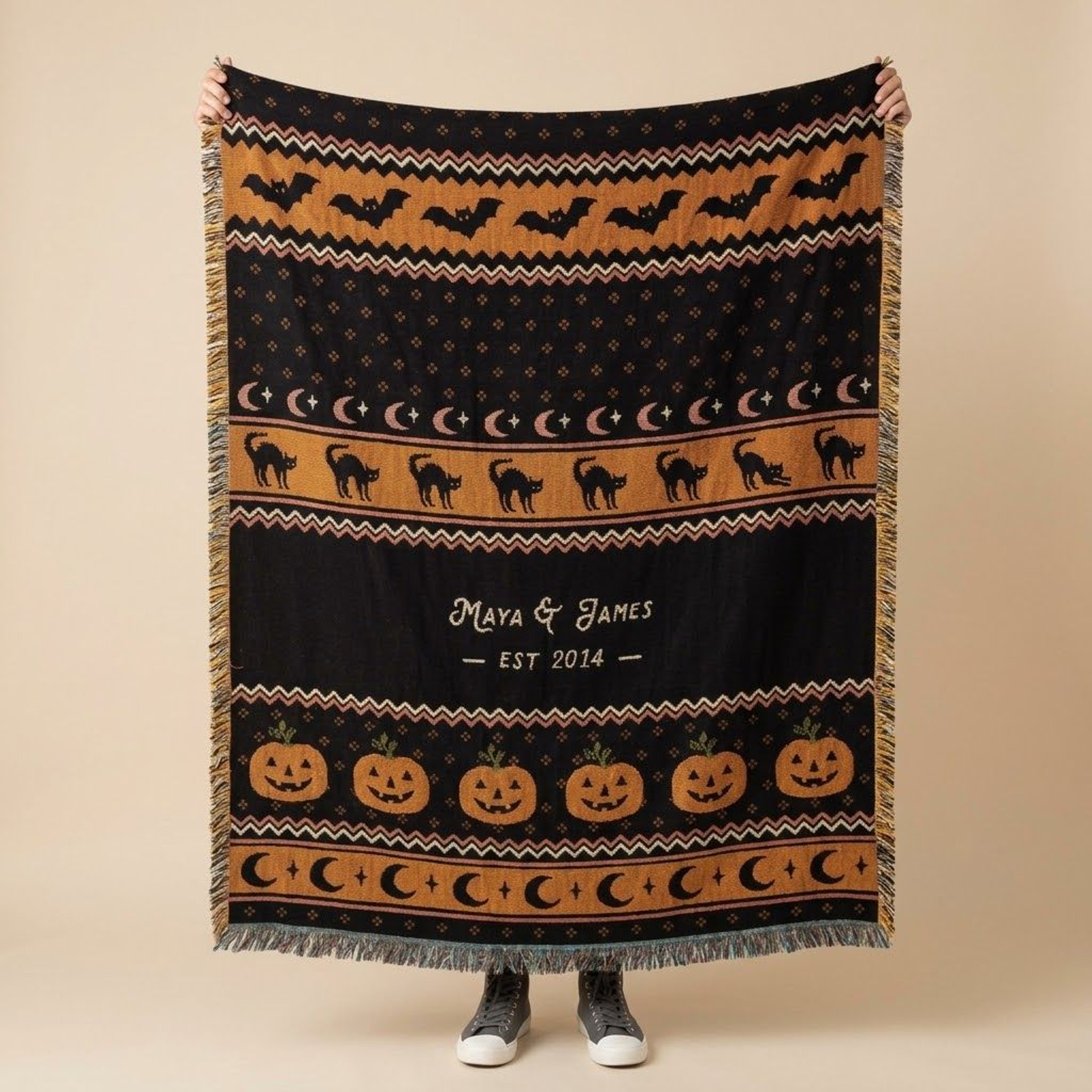Personalized Halloween Woven Blanket Custom Couple Names Throw Vintage Bat Black Cat Pumpkin Blanke 0