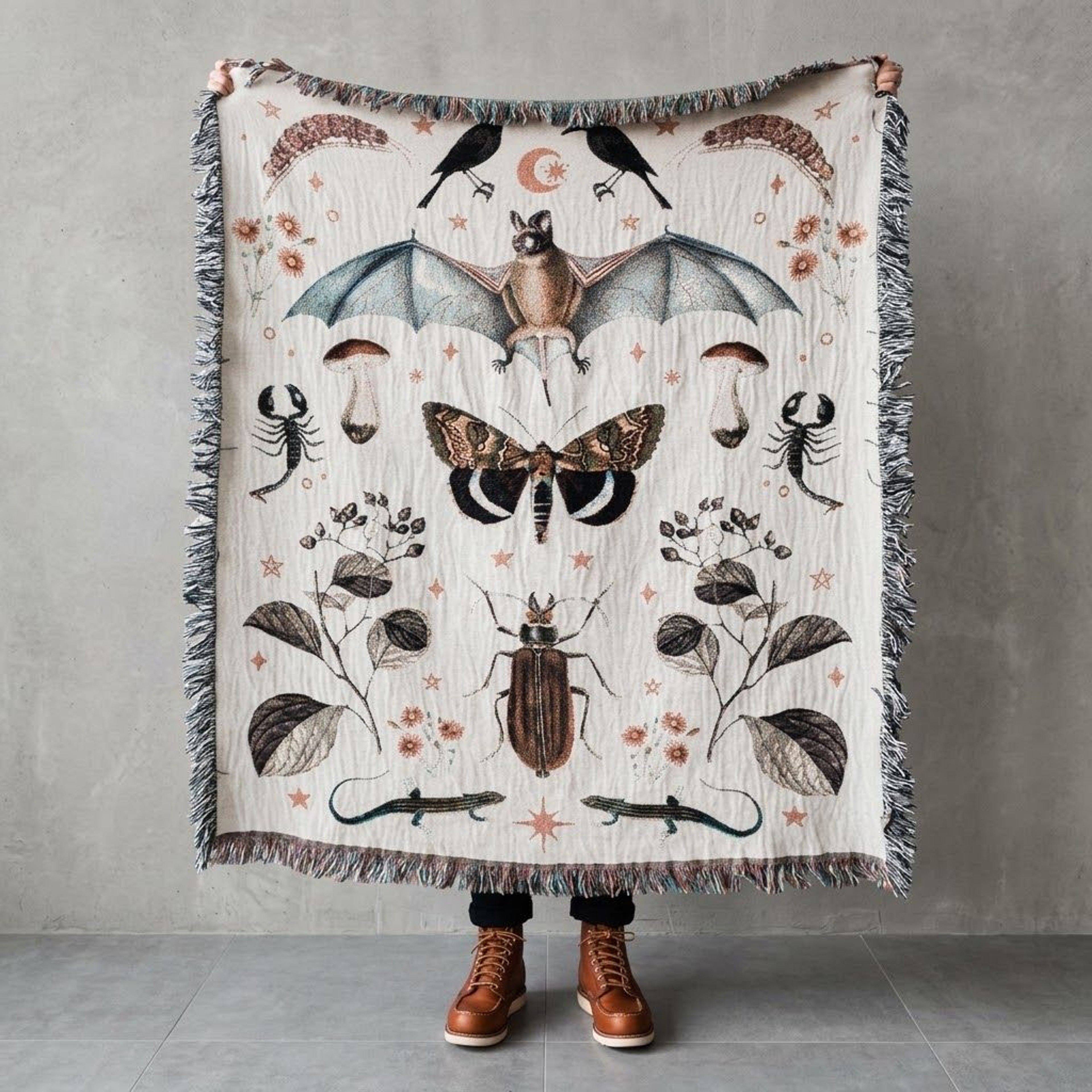 Gothic Bat Woven Blanket Vintage Moth Scorpion Beetle Throw Dark Academia Insect Blanket Witchy Bot 0