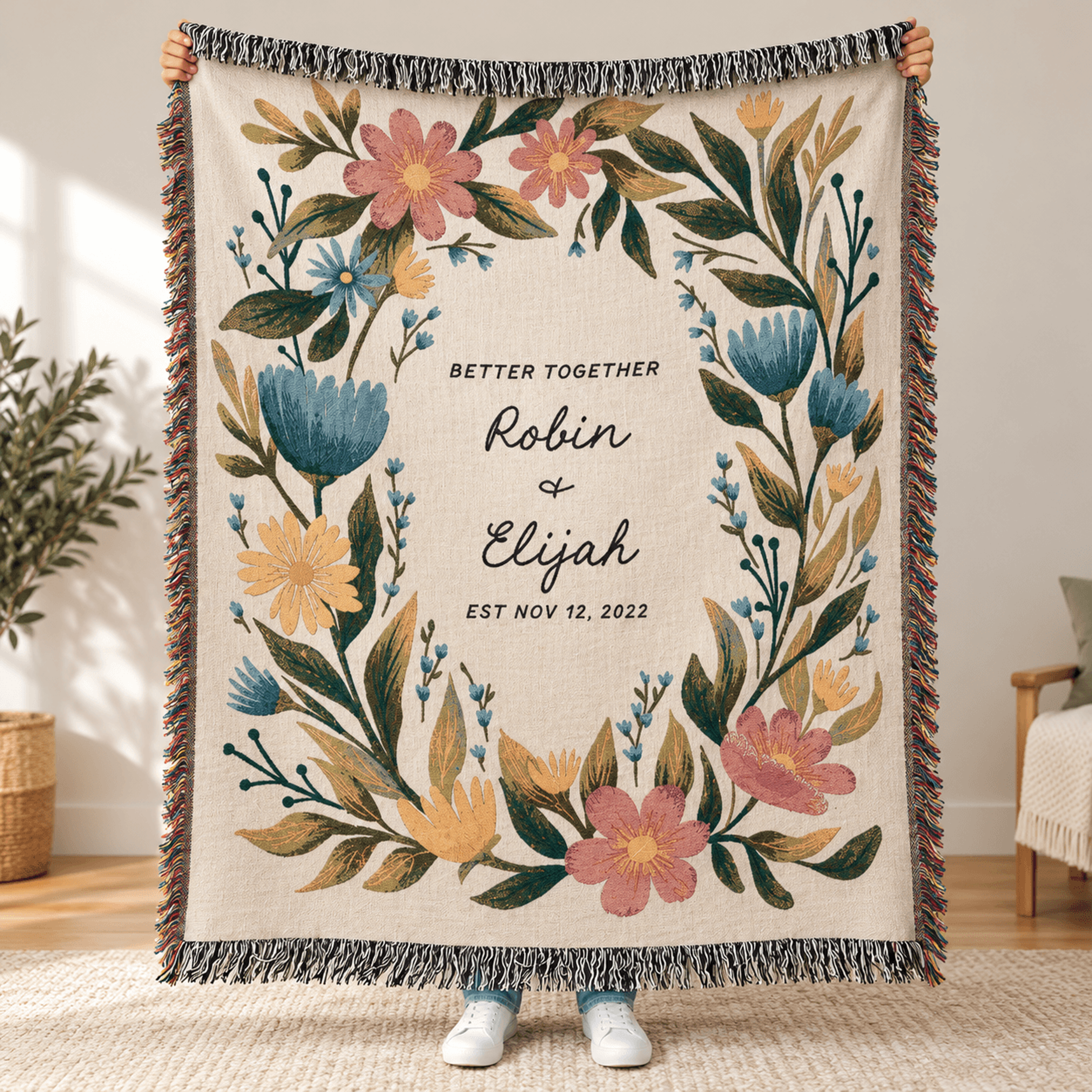 Personalized Couple Woven Blanket Better Together Floral Throw Custom Names And Date Blanket Annive 0