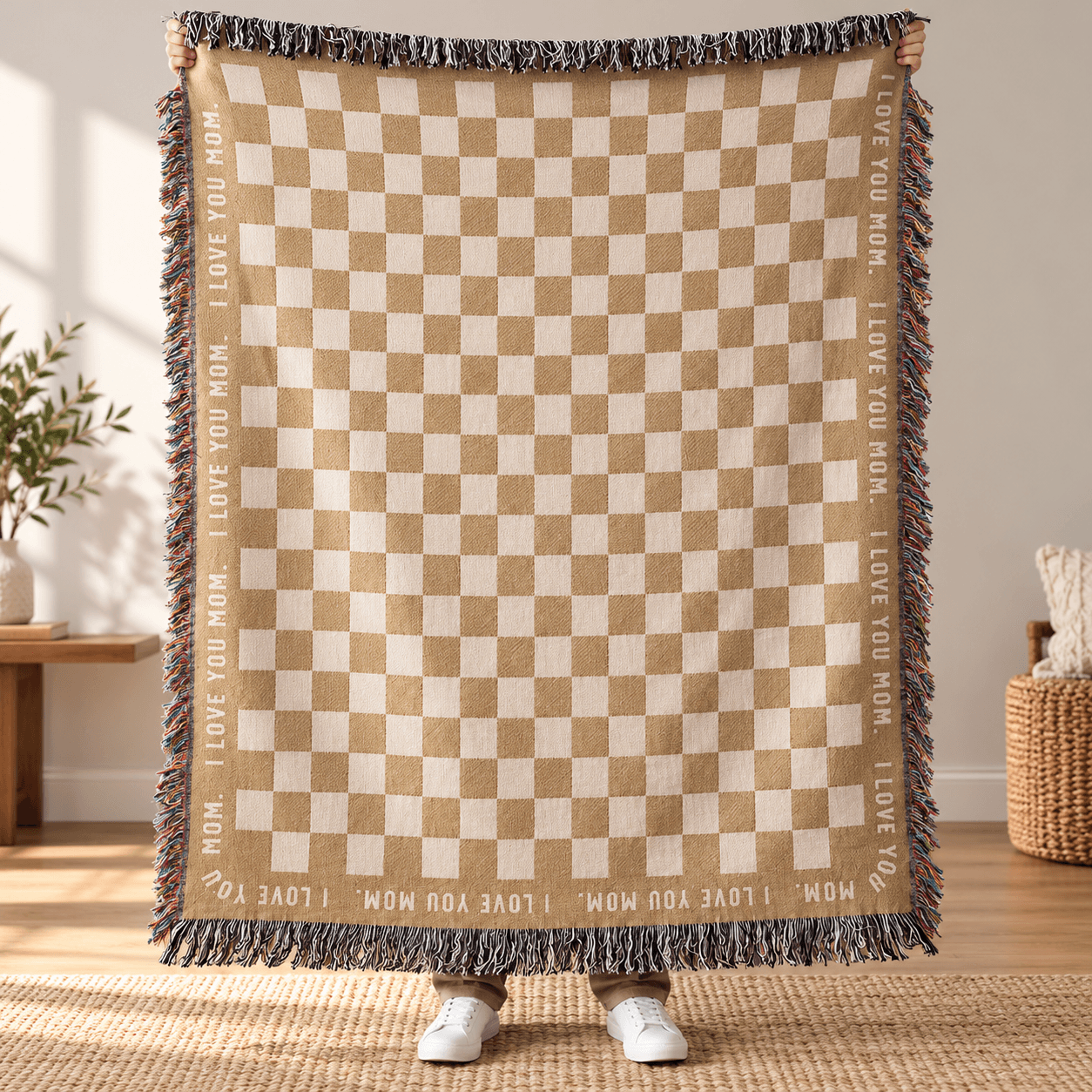 I Love You Mom Woven Blanket Beige Checkered Throw Blanket Mothers Day Gift From Daughter Or Son Mi 0