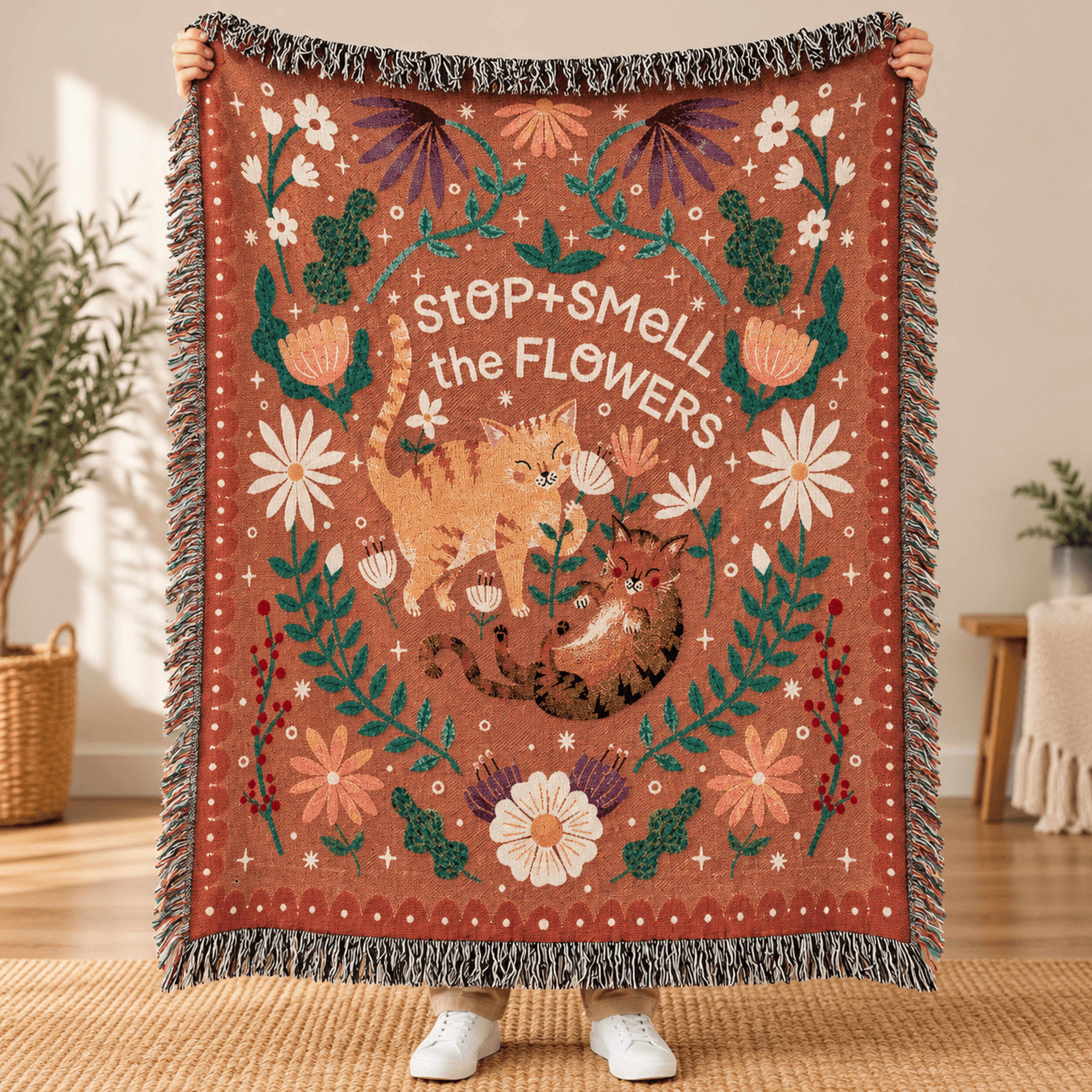 Stop And Smell The Flowers Woven Blanket Cute Cats Floral Throw Whimsical Cottagecore Cat Lover Gif 0