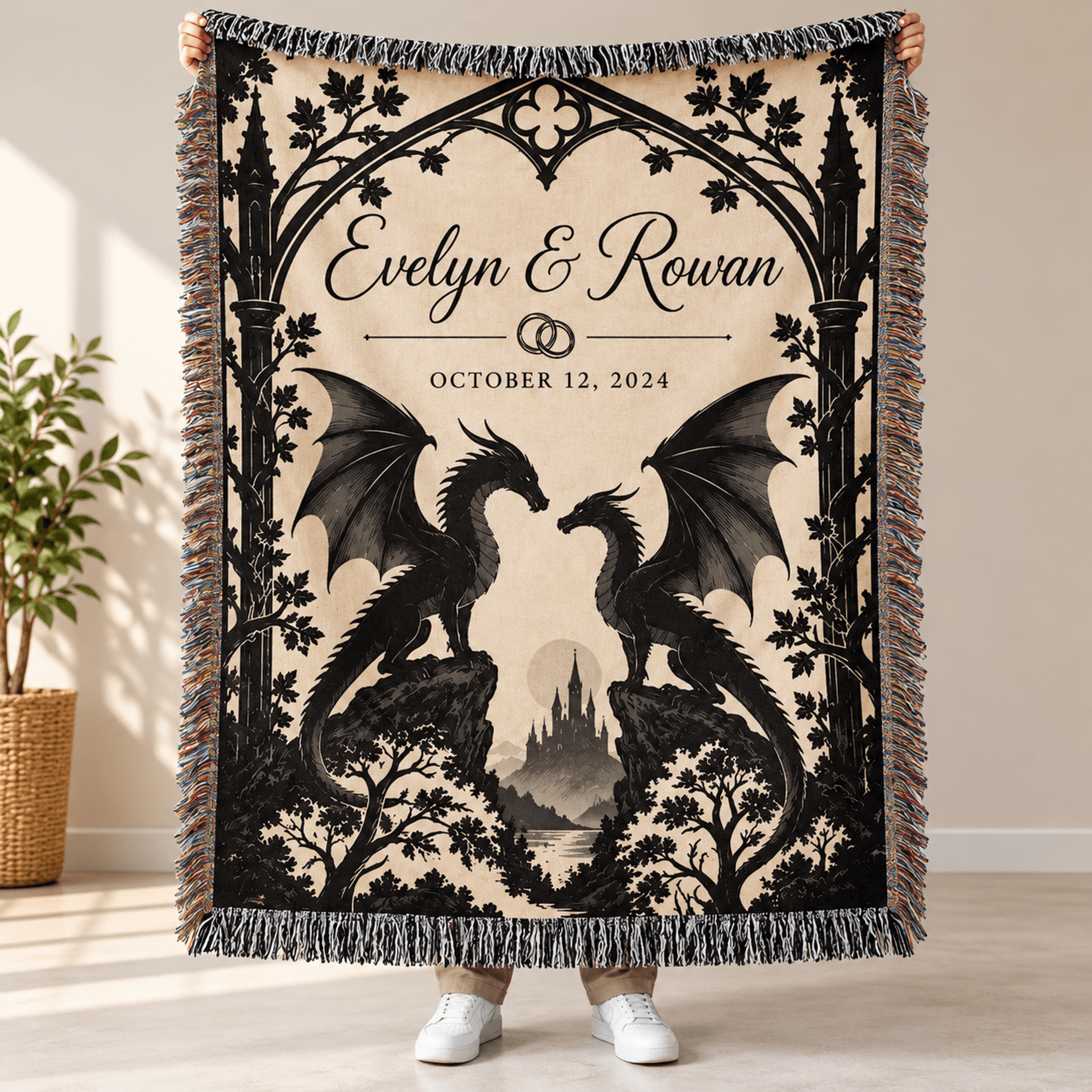 Personalized Dragon Couple Woven Blanket Gothic Fantasy Wedding Gift Custom Names And Date Medieval 0