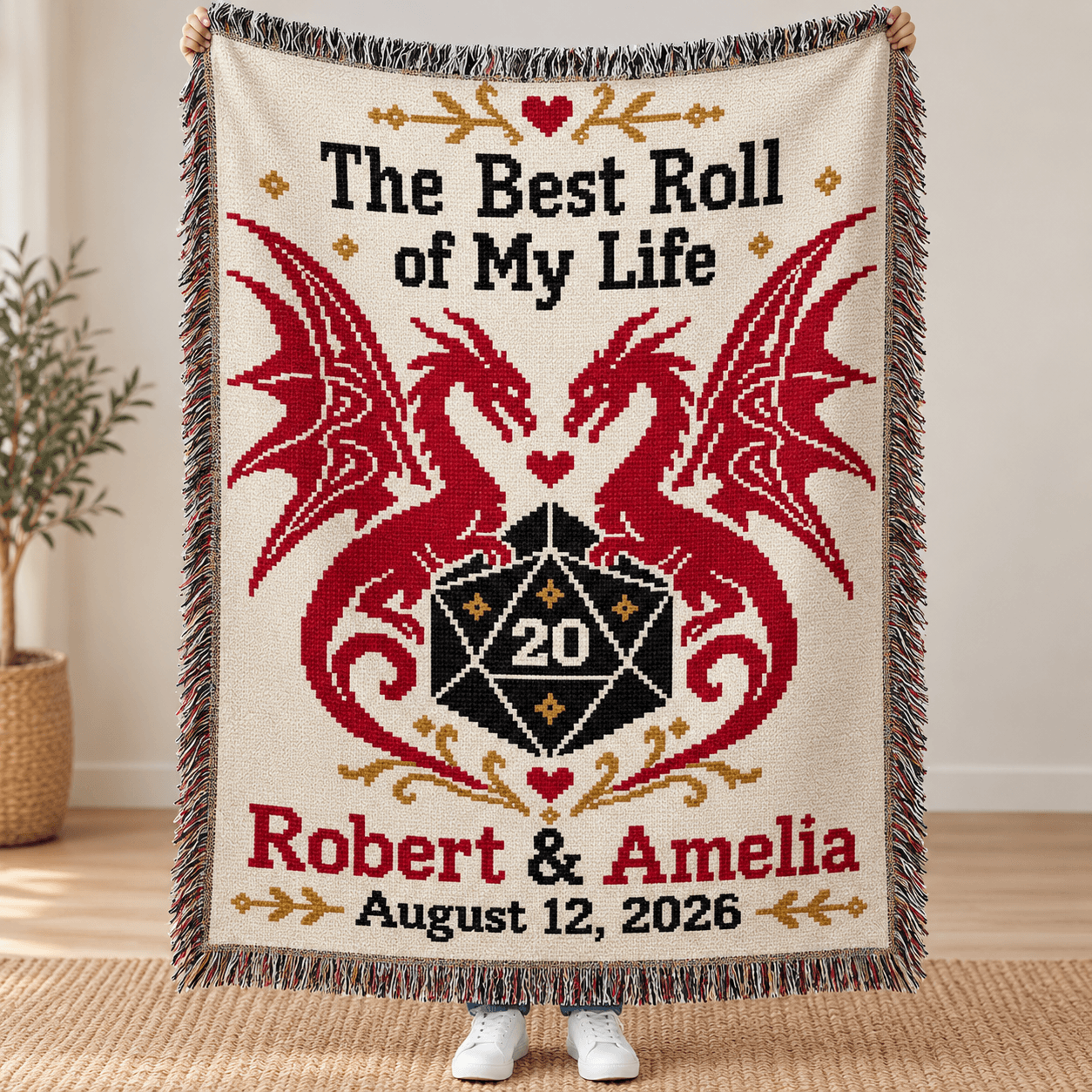 Personalized D20 Dragon Couple Woven Blanket Best Roll Of My Life Dungeons And Dragons Inspired Wed 0