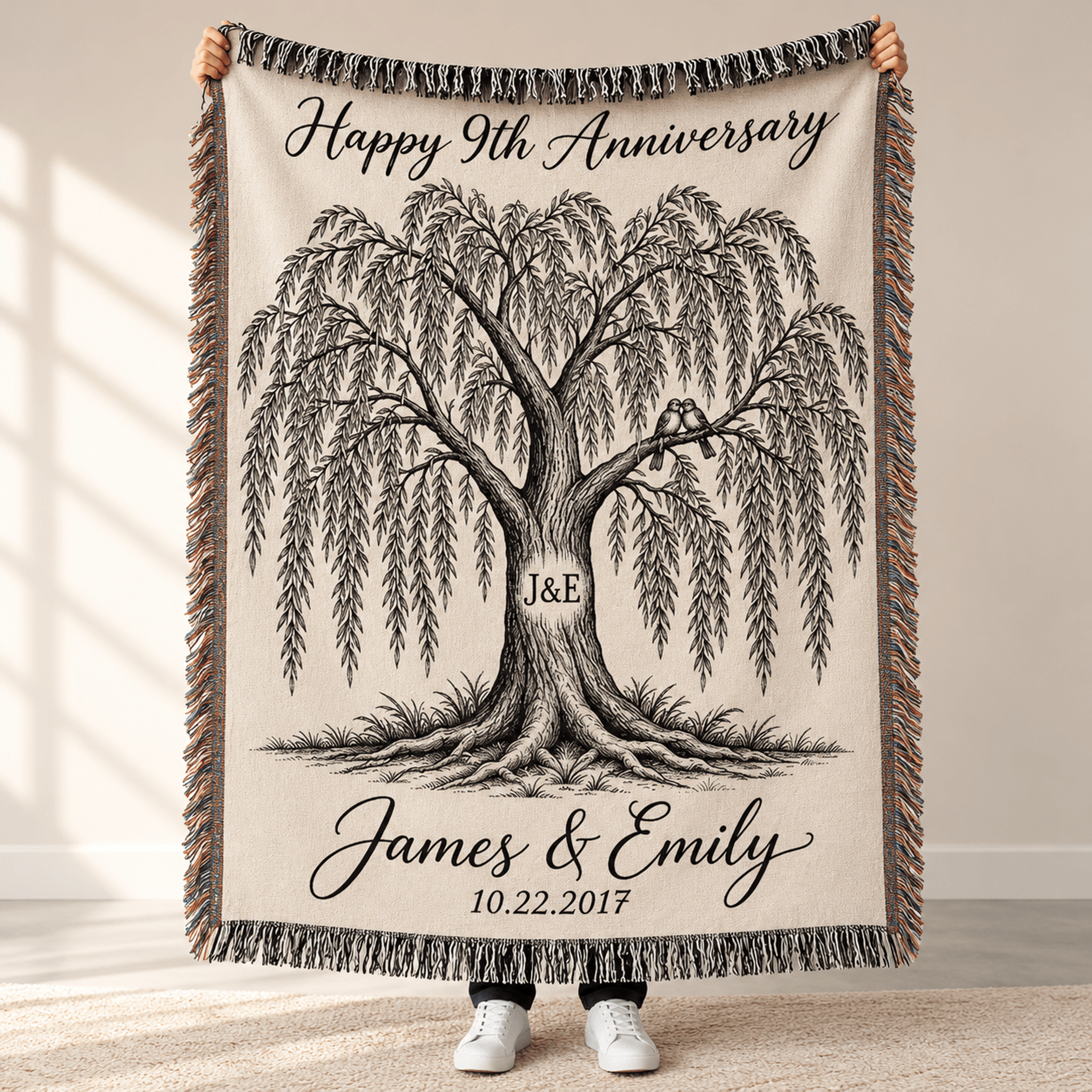 Personalized 9th Anniversary Woven Blanket Custom Willow Tree Couple Throw Wedding Date And Initial 0