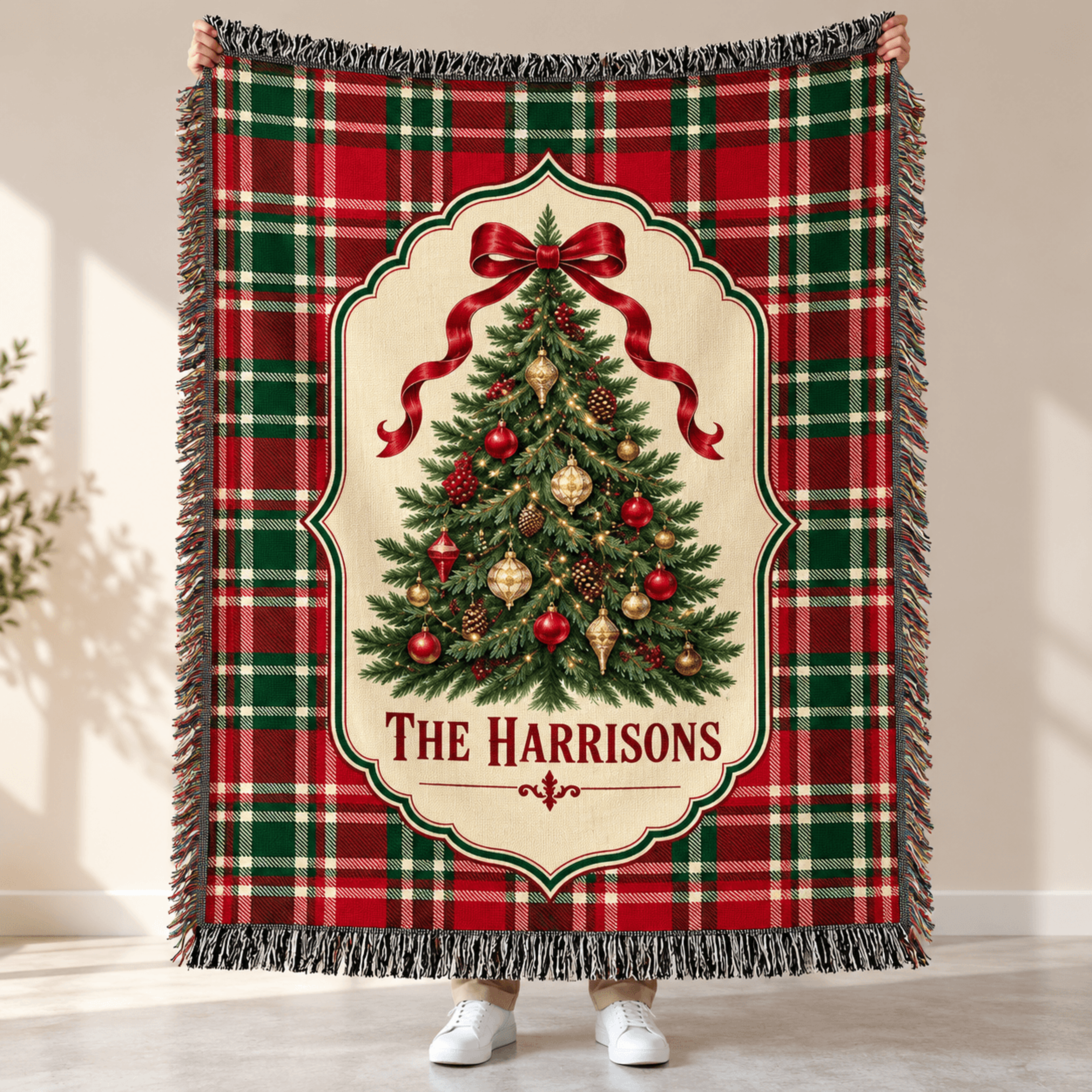 Personalized Christmas Woven Blanket Custom Family Name Tartan Plaid Throw Vintage Christmas Tree H 0