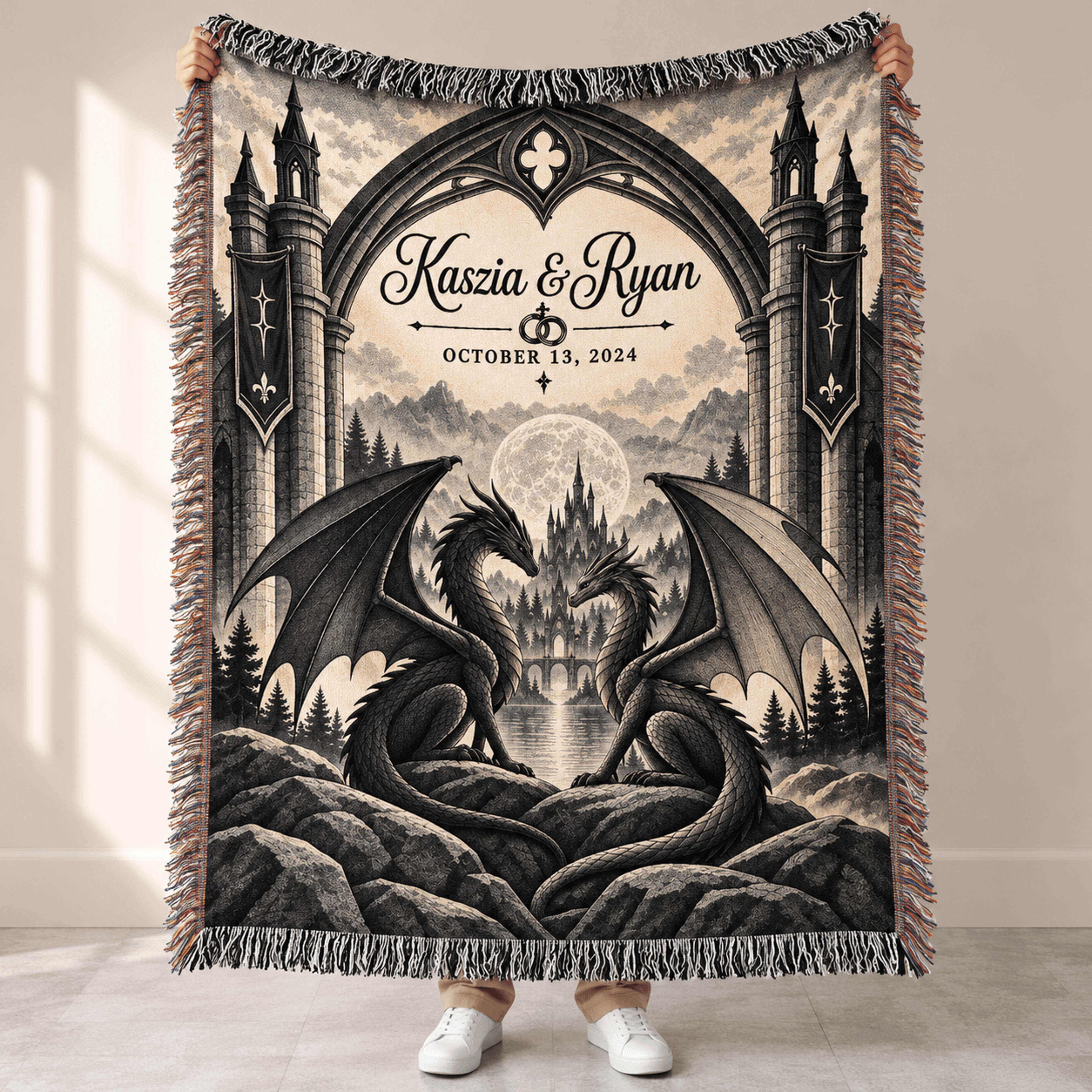 Personalized Gothic Dragon Woven Blanket Custom Couple Names And Wedding Date Fantasy Castle Annive 0