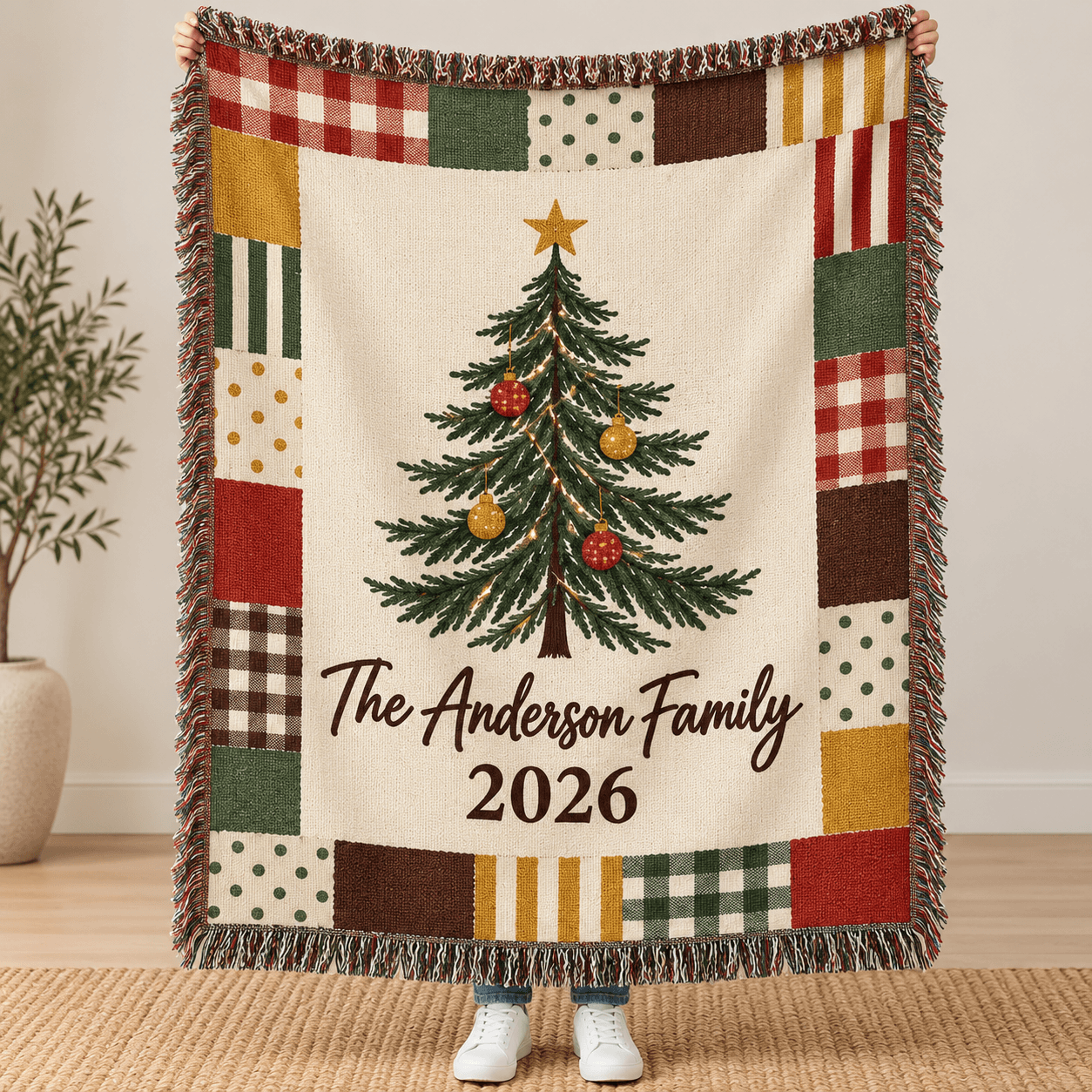 Personalized Christmas Family Woven Blanket Custom Family Name And Year Vintage Christmas Tree Thro 0