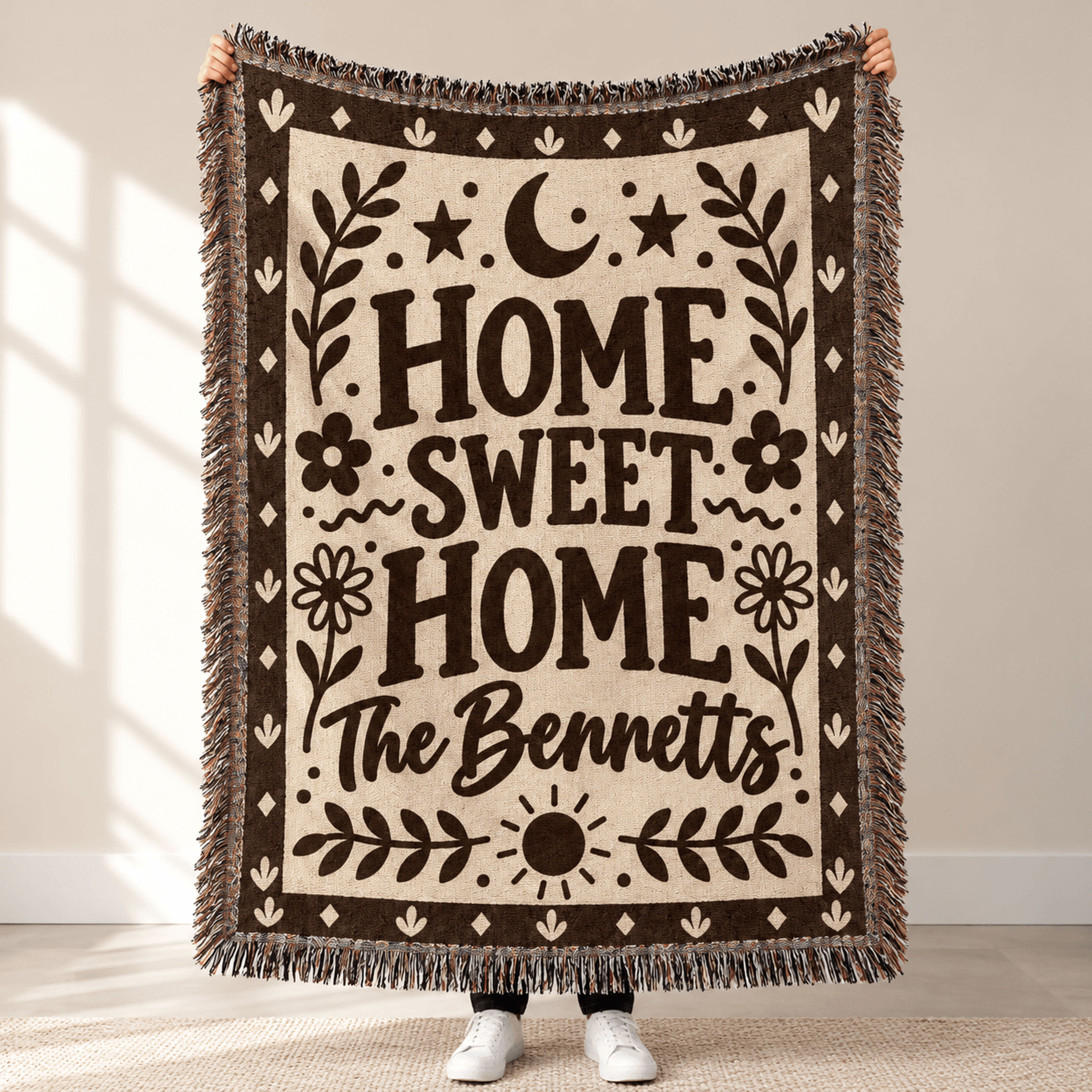 Personalized Home Sweet Home Woven Blanket Custom Family Name Throw Boho Floral Housewarming Gift R 0
