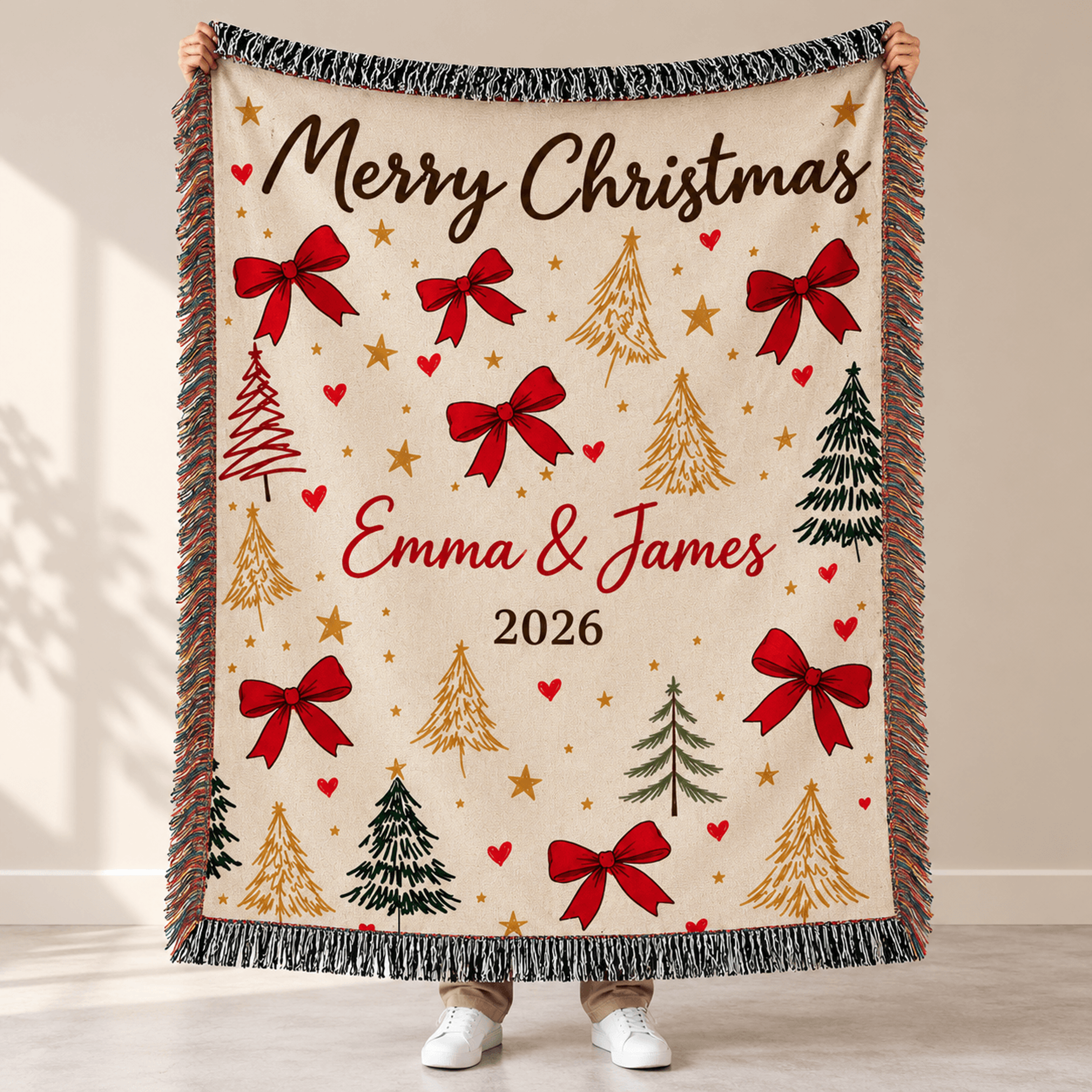 Personalized Merry Christmas Woven Blanket Custom Couple Names And Year Christmas Bow Throw Romanti 0