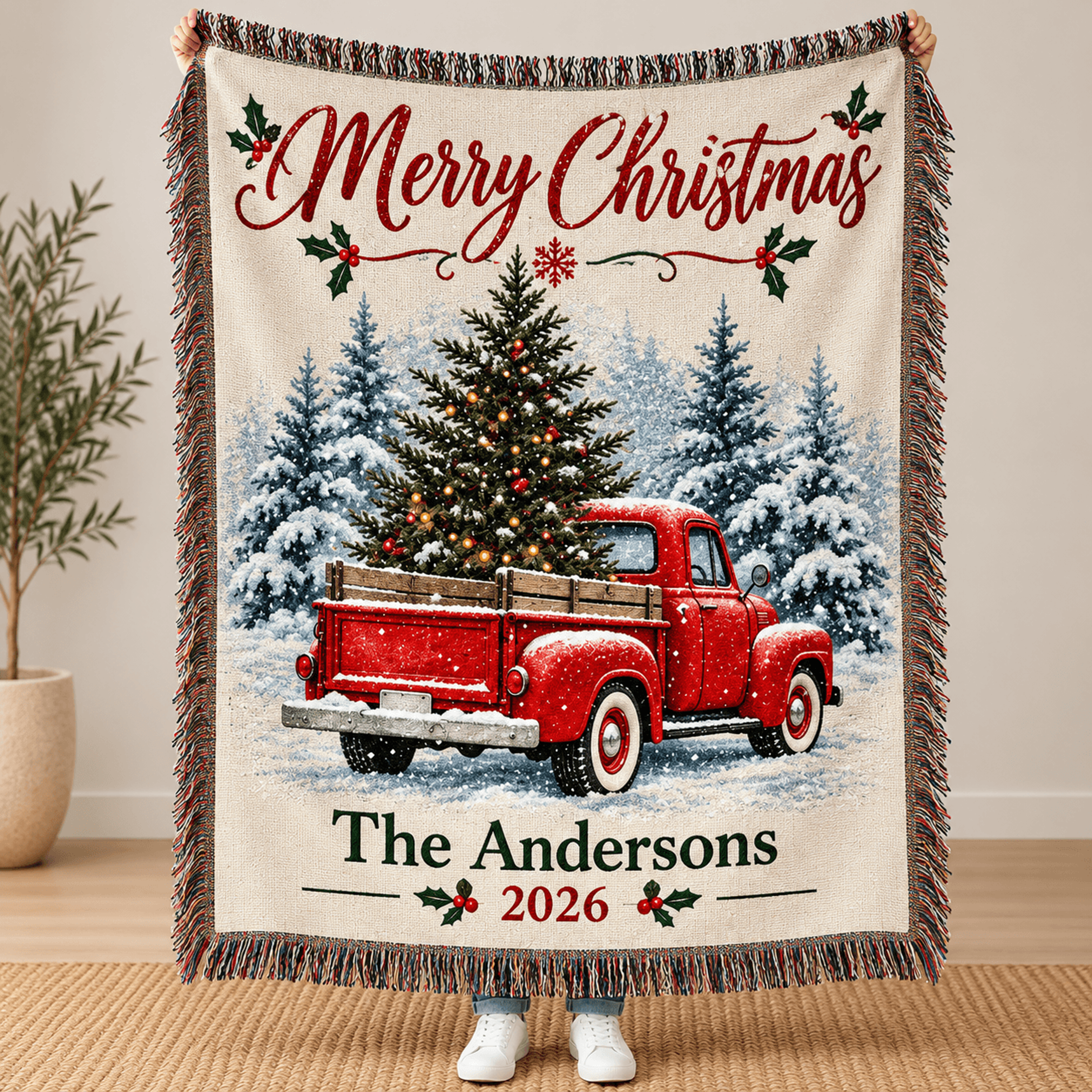 Personalized Christmas Woven Blanket Custom Family Name And Year Vintage Red Truck Christmas Tree T 0