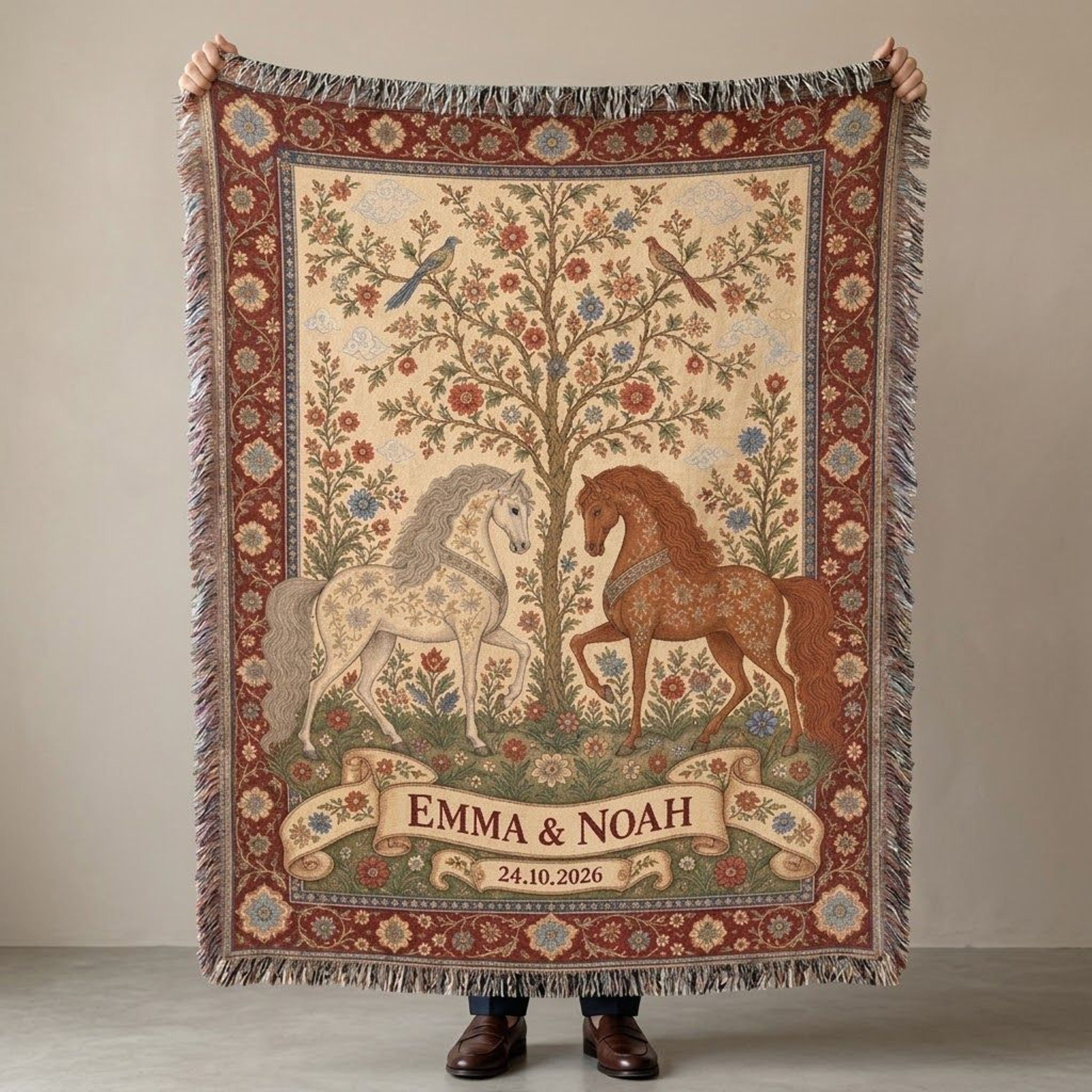 Personalized Medieval Horse Woven Blanket Custom Couple Names And Date Throw Vintage Floral Tapestr 0