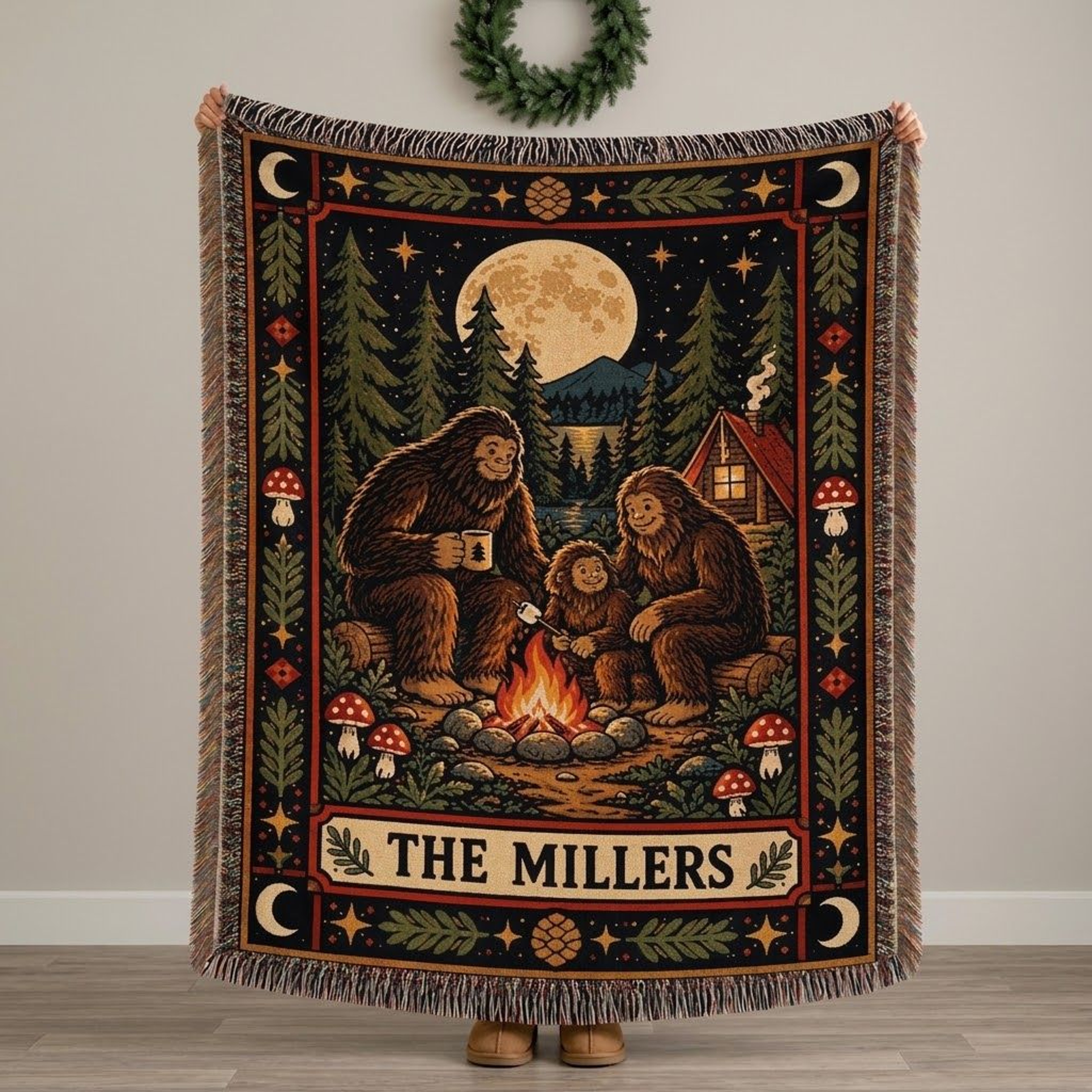 Personalized Bigfoot Family Woven Blanket Custom Family Name Sasquatch Throw Woodland Camping Decor 0