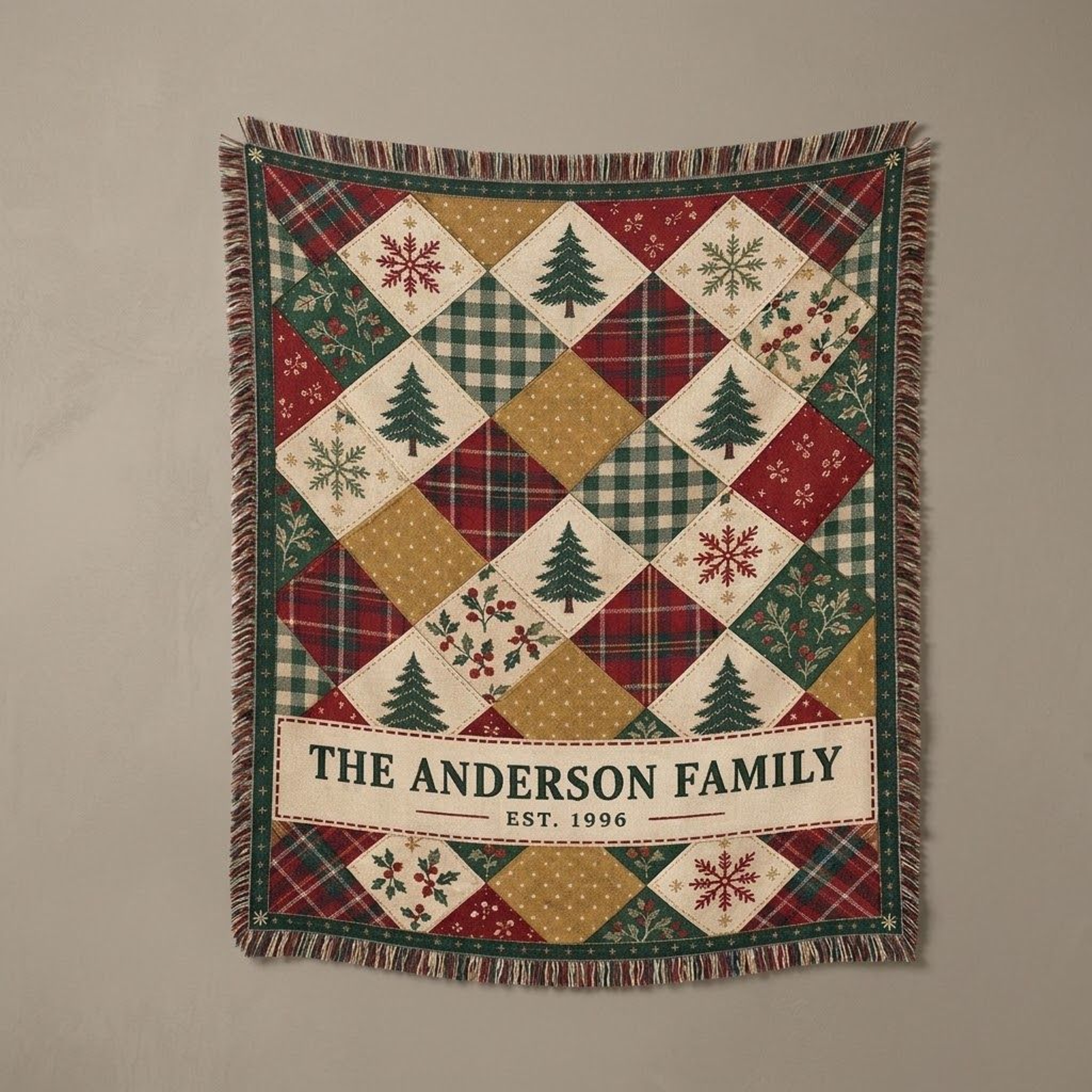 Personalized Christmas Woven Blanket Custom Family Name Holiday Patchwork Throw Rustic Plaid Christ 0