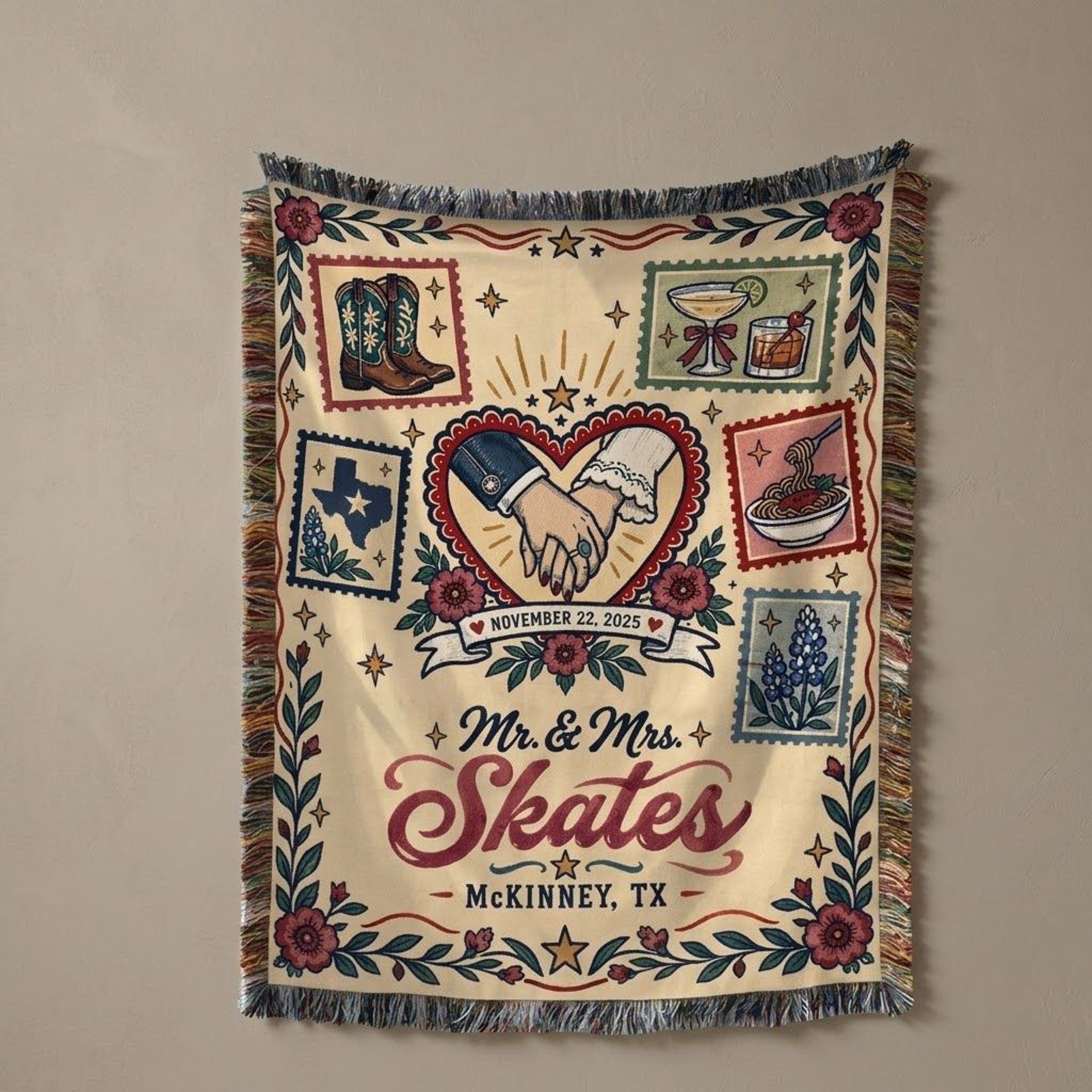Personalized Texas Wedding Woven Blanket Custom Couple Names Western Wedding Throw Cowboy Boots Ann 0