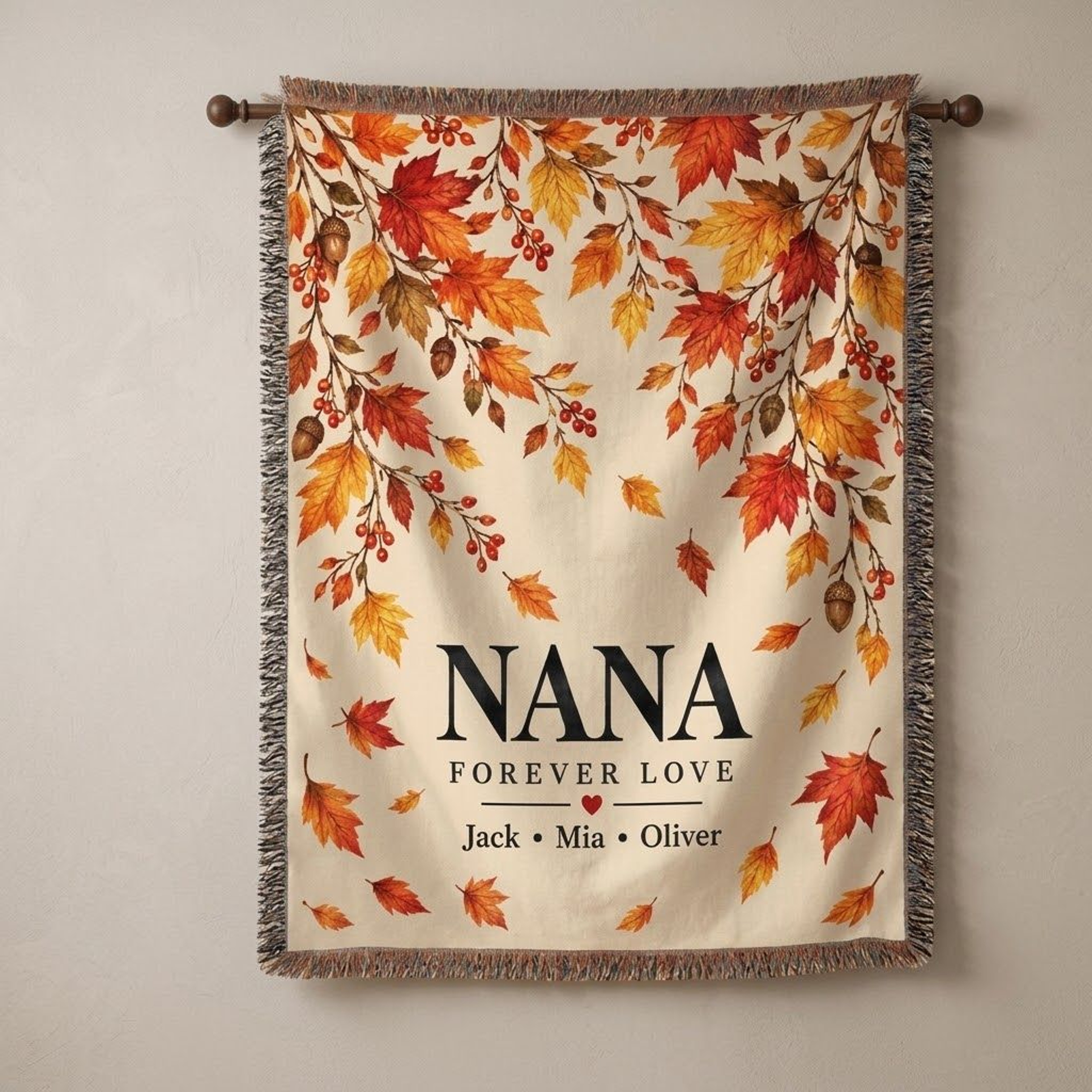 Personalized Nana Woven Blanket Custom Grandkids Names Autumn Leaves Grandma Gift Fall Floral Throw 0