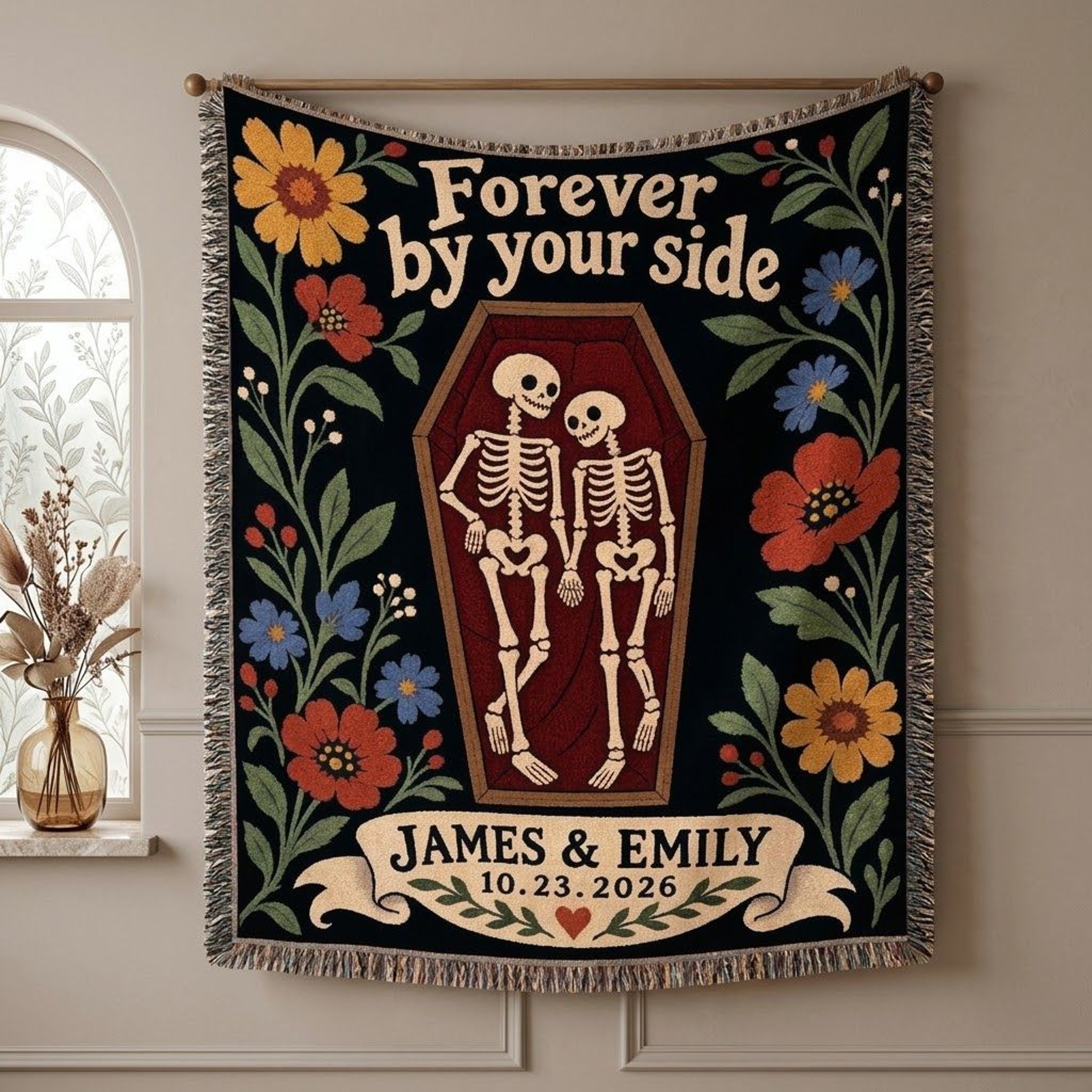 Personalized Skeleton Couple Woven Blanket Forever By Your Side Gothic Love Gift Custom Names Date  0