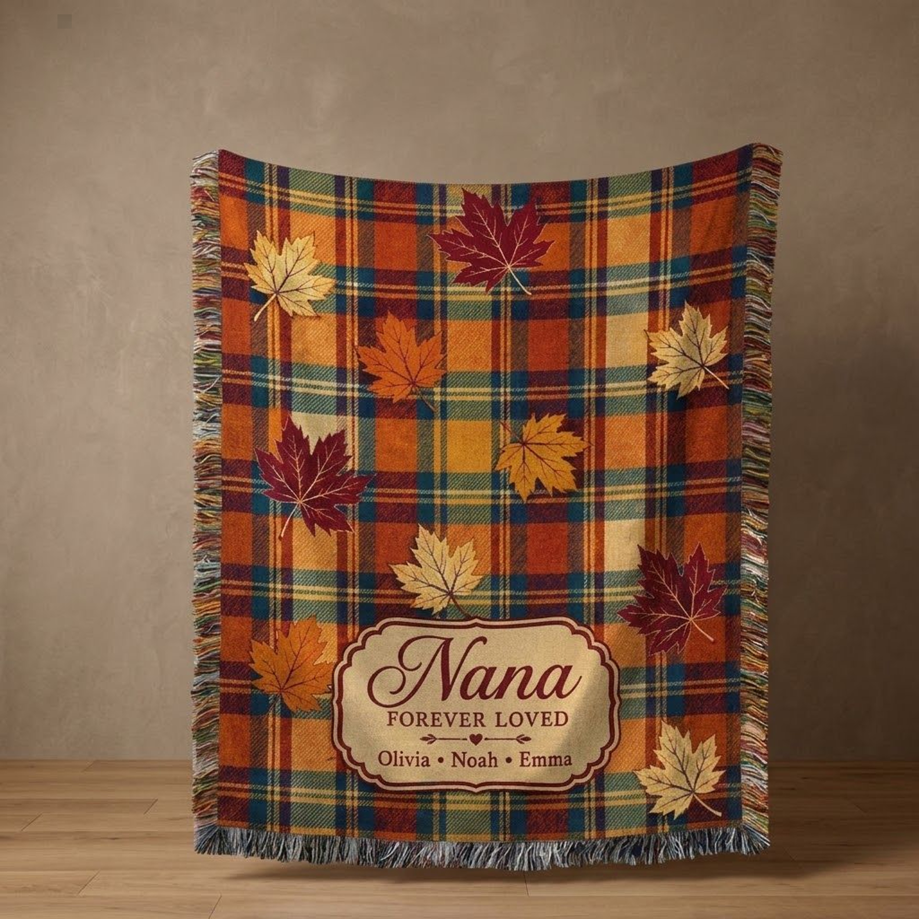 Personalized Nana Woven Blanket Custom Grandkids Names Forever Loved Grandma Gift Autumn Plaid Mapl 0