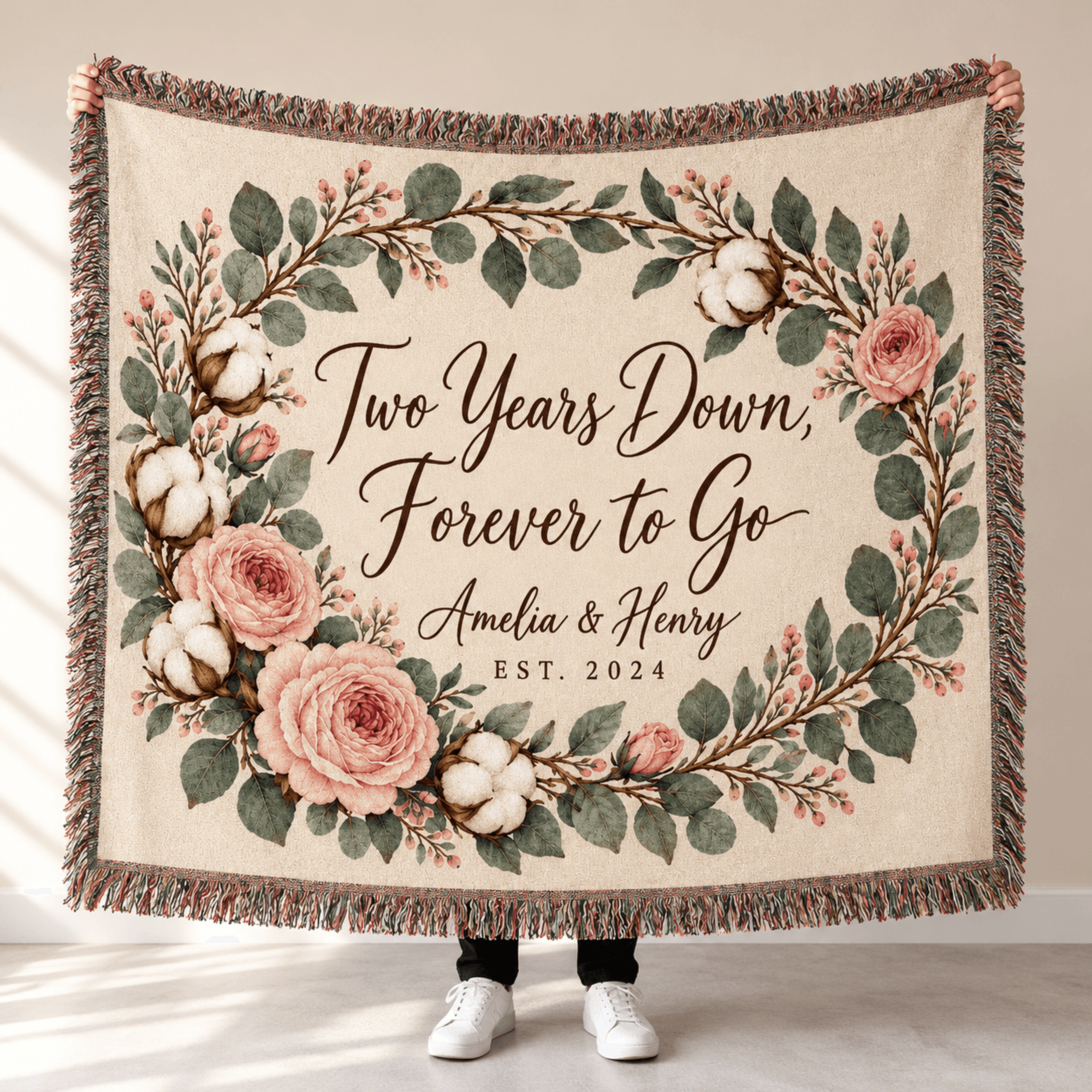 Personalized 2nd Anniversary Woven Blanket Custom Couple Names Wedding Anniversary Gift Floral Roma 0