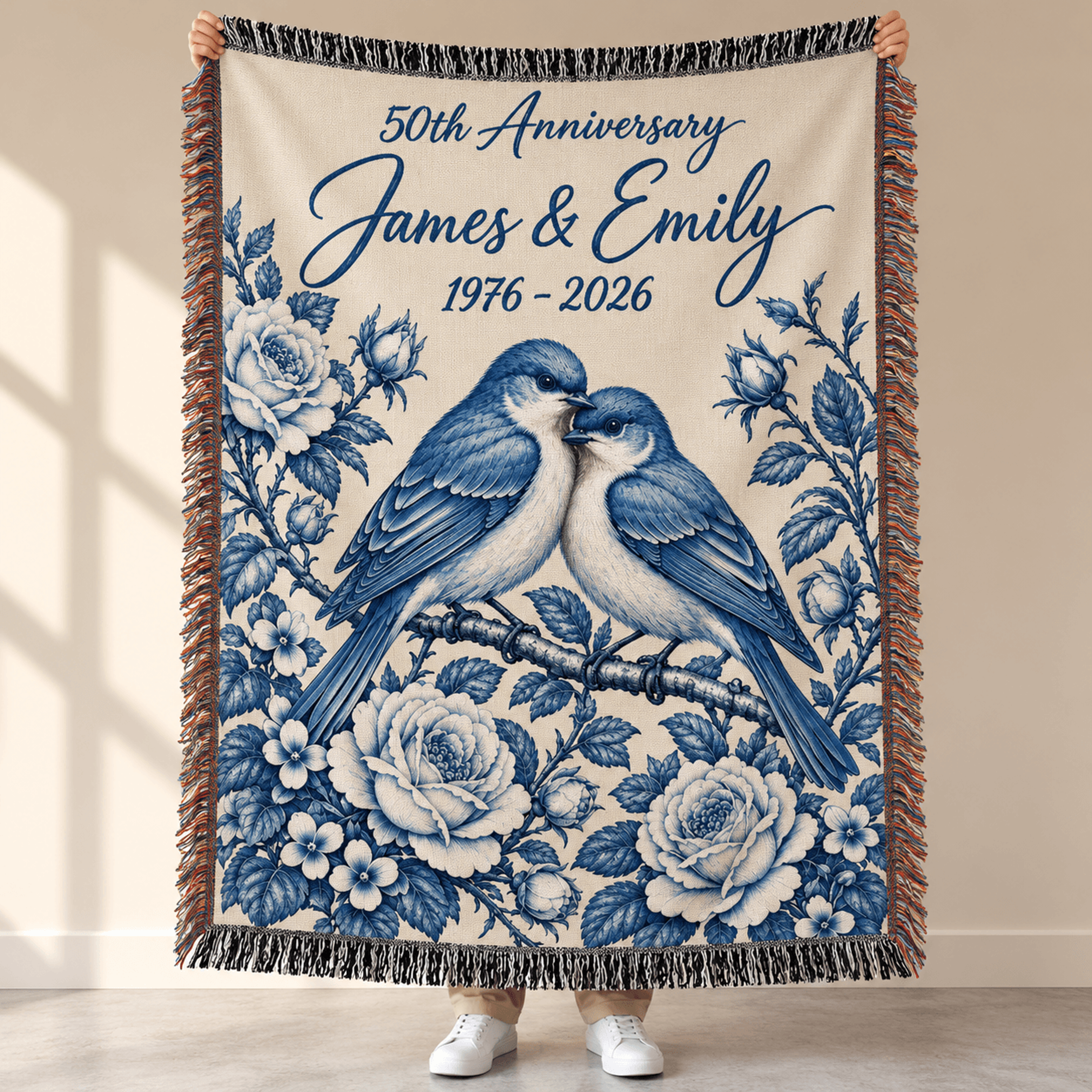 Personalized 50th Anniversary Woven Blanket Custom Couple Names Golden Wedding Gift Blue Birds Flor 0