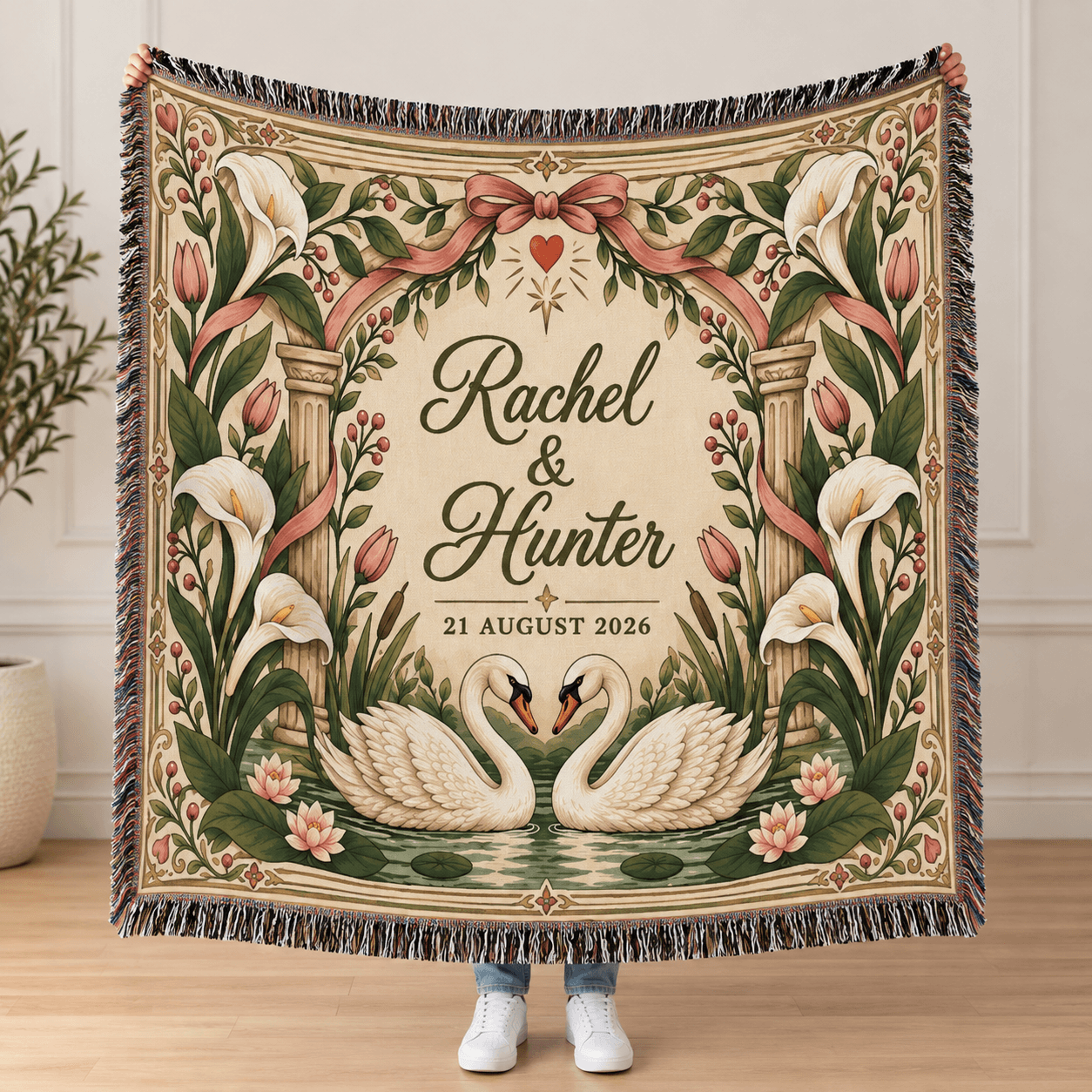 Personalized Wedding Woven Blanket Custom Couple Names And Date Throw Romantic Swan Floral Wedding  0