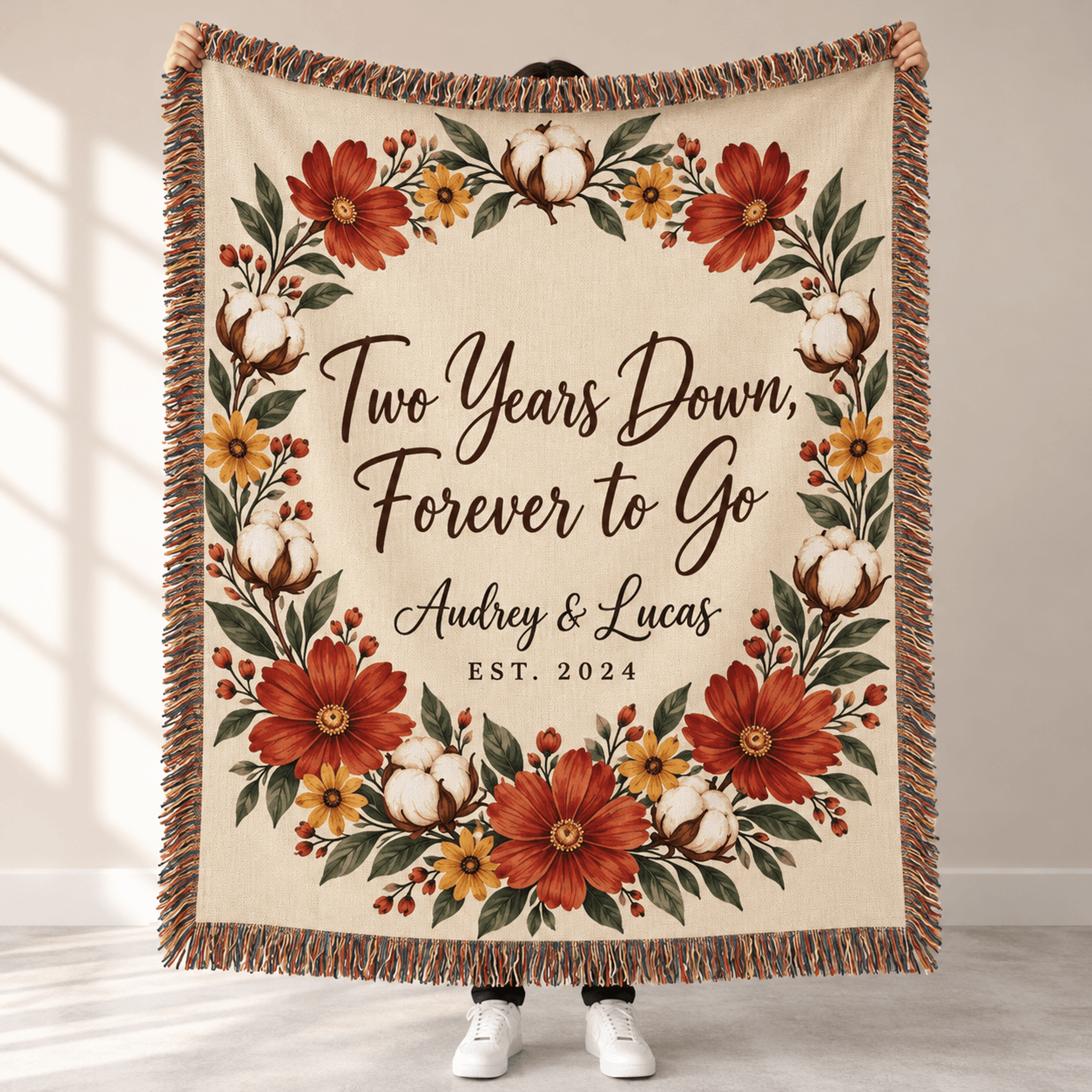 Personalized 2nd Anniversary Woven Blanket Custom Couple Names Floral Throw Romantic Cotton Anniver 0
