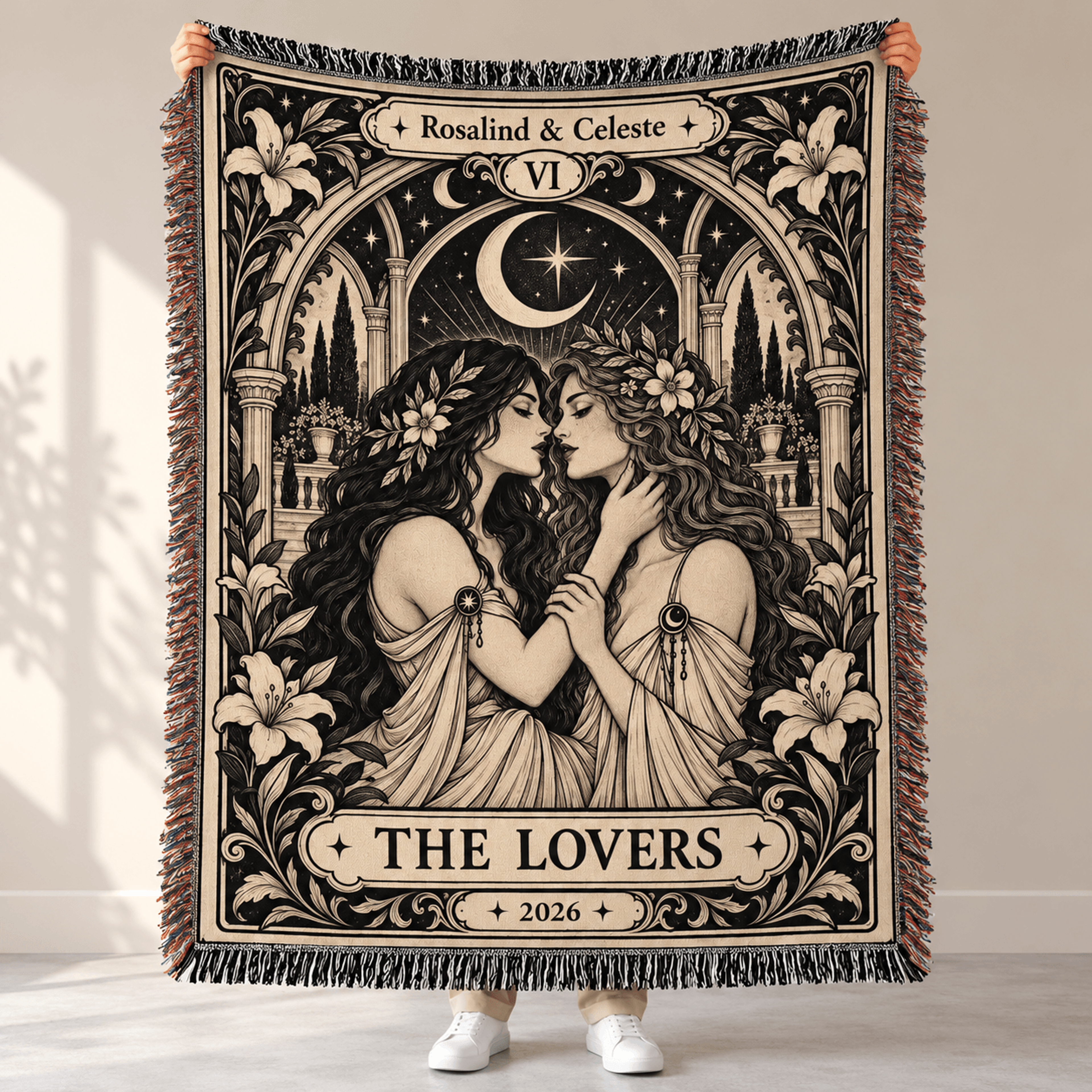 Personalized The Lovers Tarot Woven Blanket Custom Lesbian Couple Names Gothic Celestial Anniversar 0