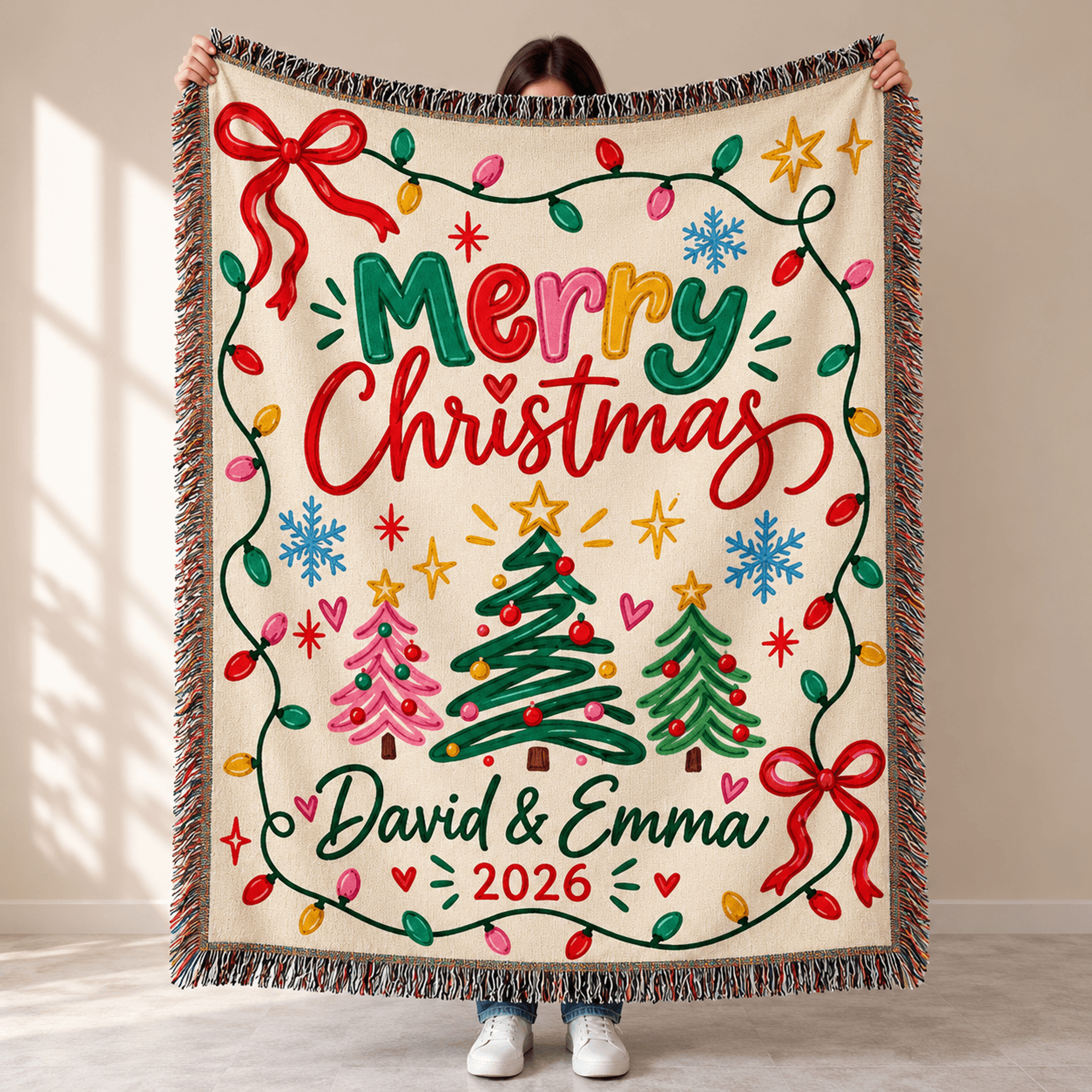 Personalized Christmas Woven Blanket Custom Couple Names Holiday Throw Merry Christmas Tree Gift Fe 0