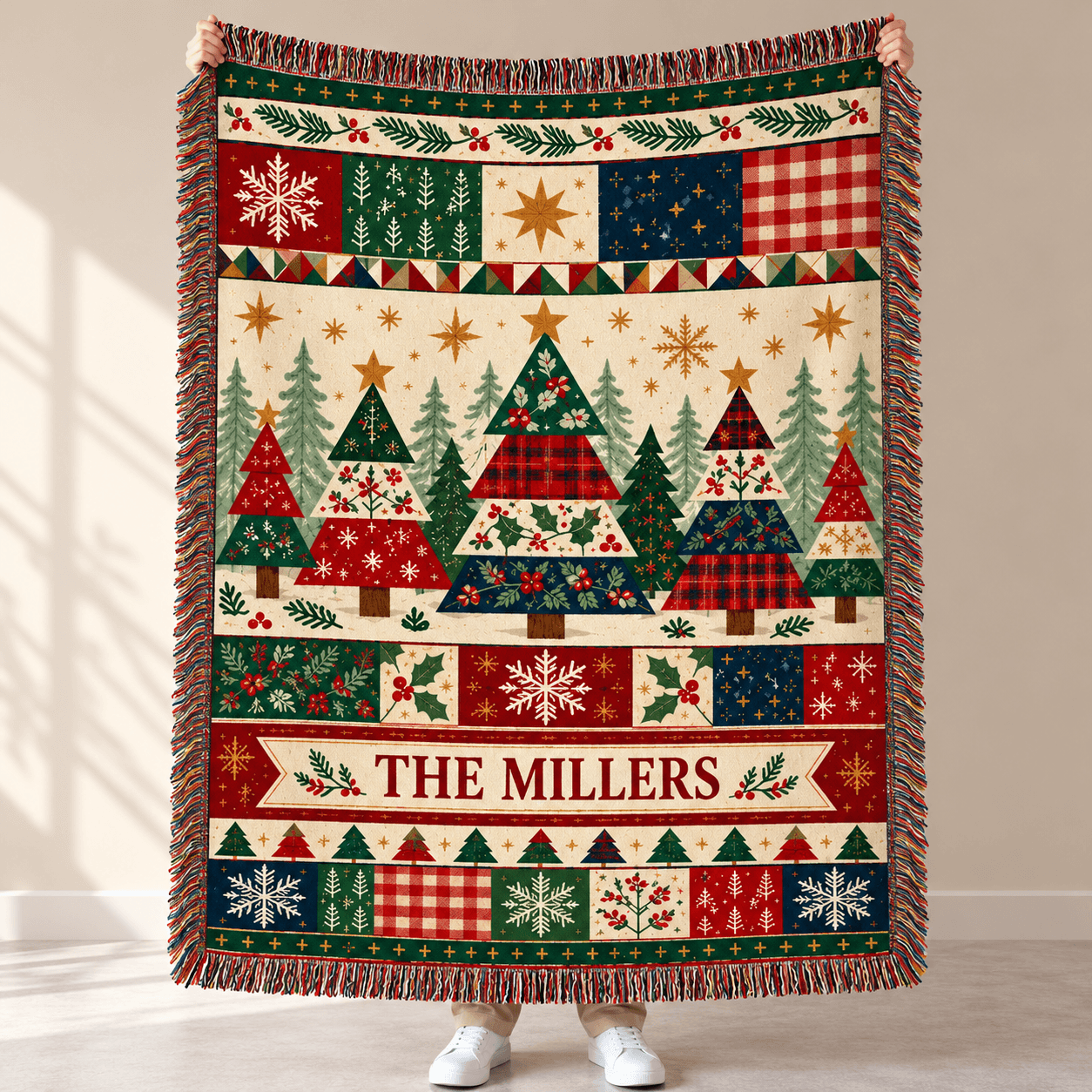 Personalized Christmas Woven Blanket Custom Family Name Holiday Throw Vintage Patchwork Christmas T 0