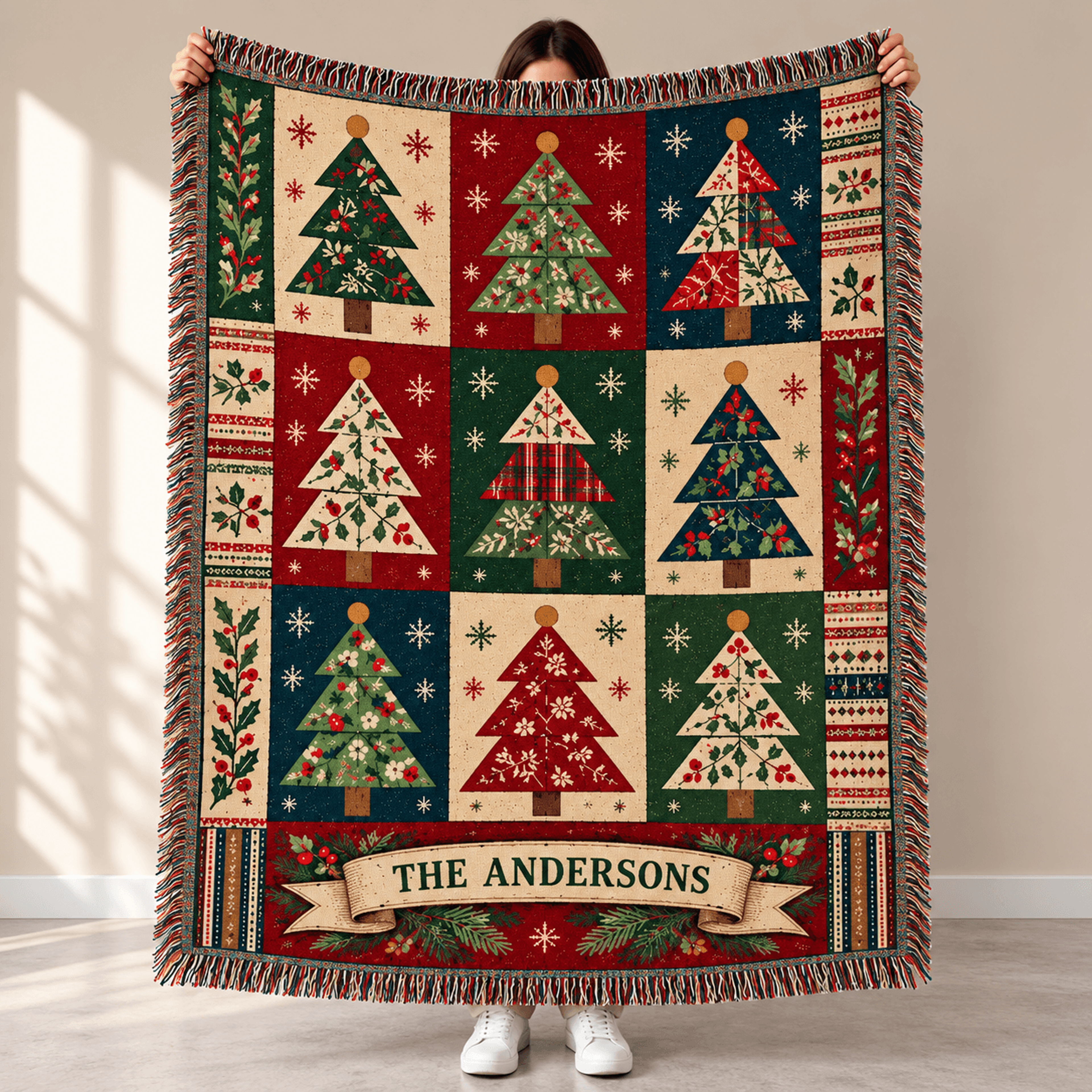 Personalized Christmas Woven Blanket Custom Family Name Throw Vintage Christmas Tree Patchwork Gift 0