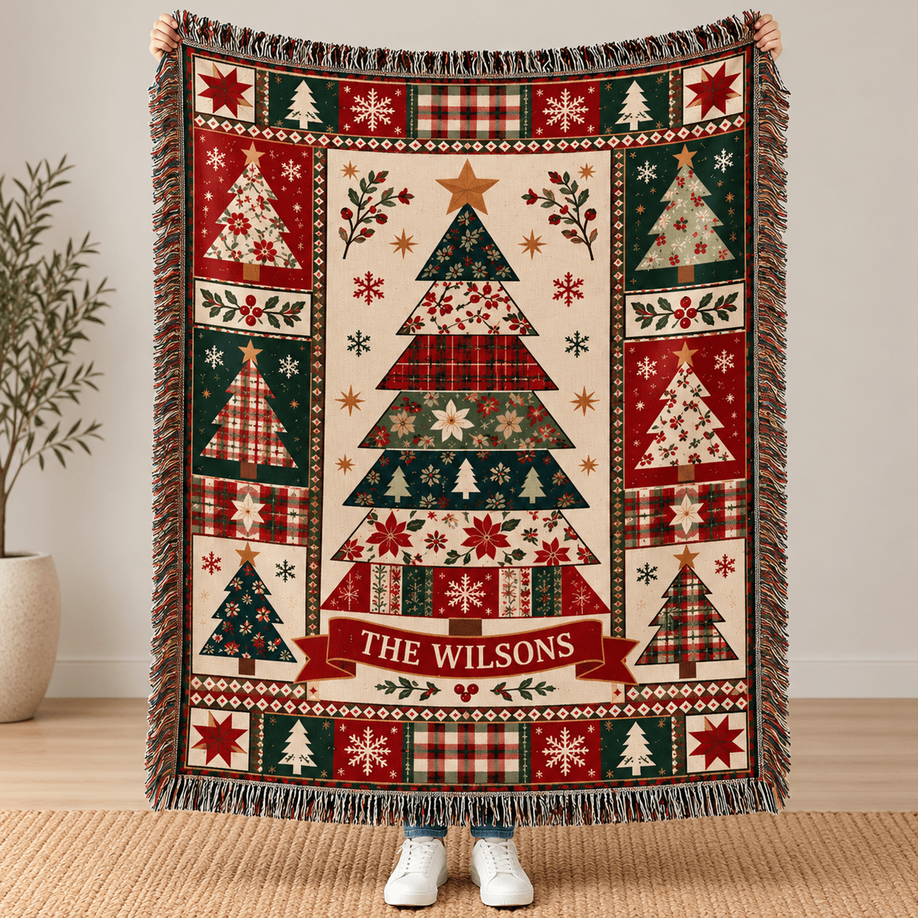 Personalized Christmas Woven Blanket Custom Family Name Throw Vintage Patchwork Christmas Tree Rust 0