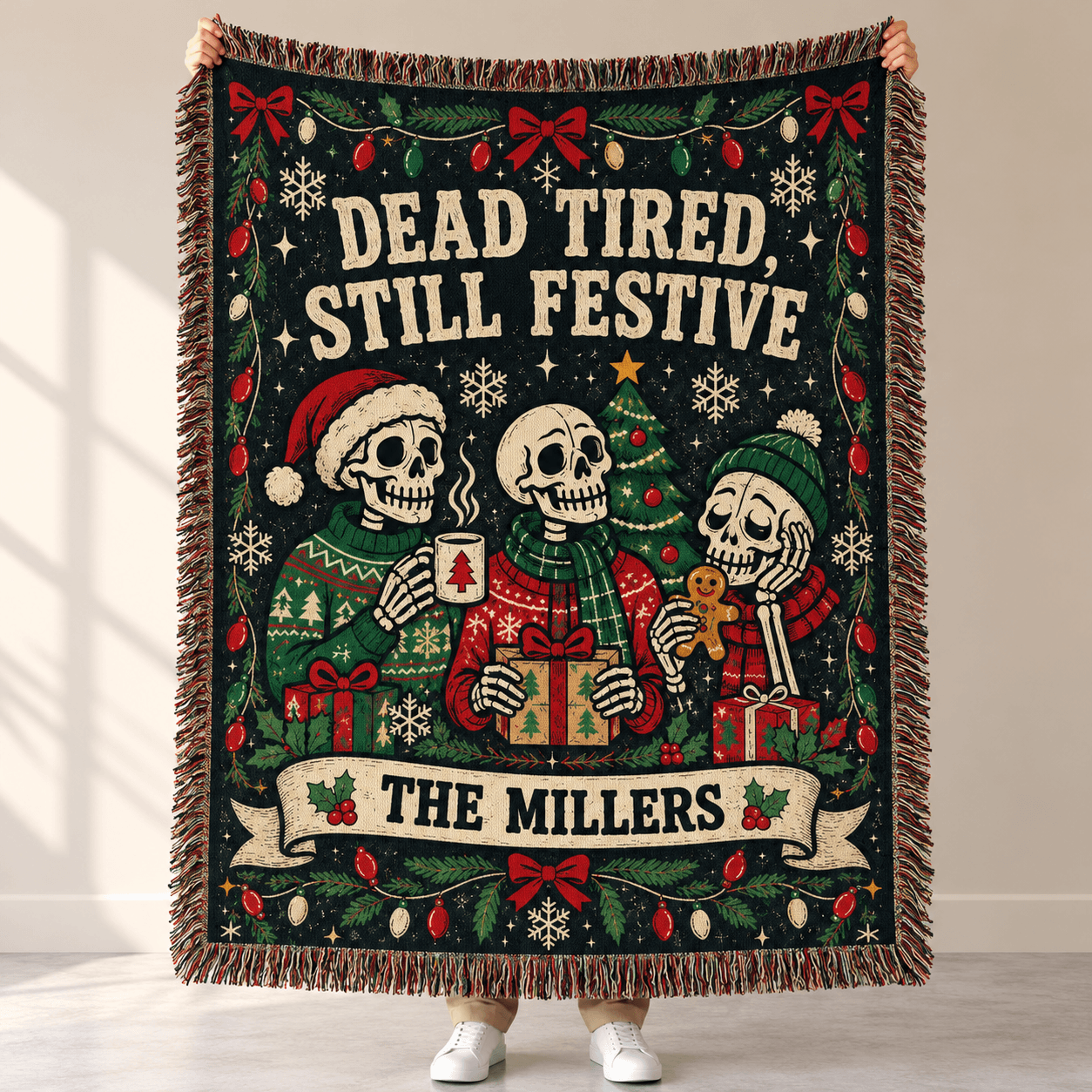 Personalized Funny Christmas Woven Blanket Custom Family Name Skeleton Throw Dead Tired Still Festi 0