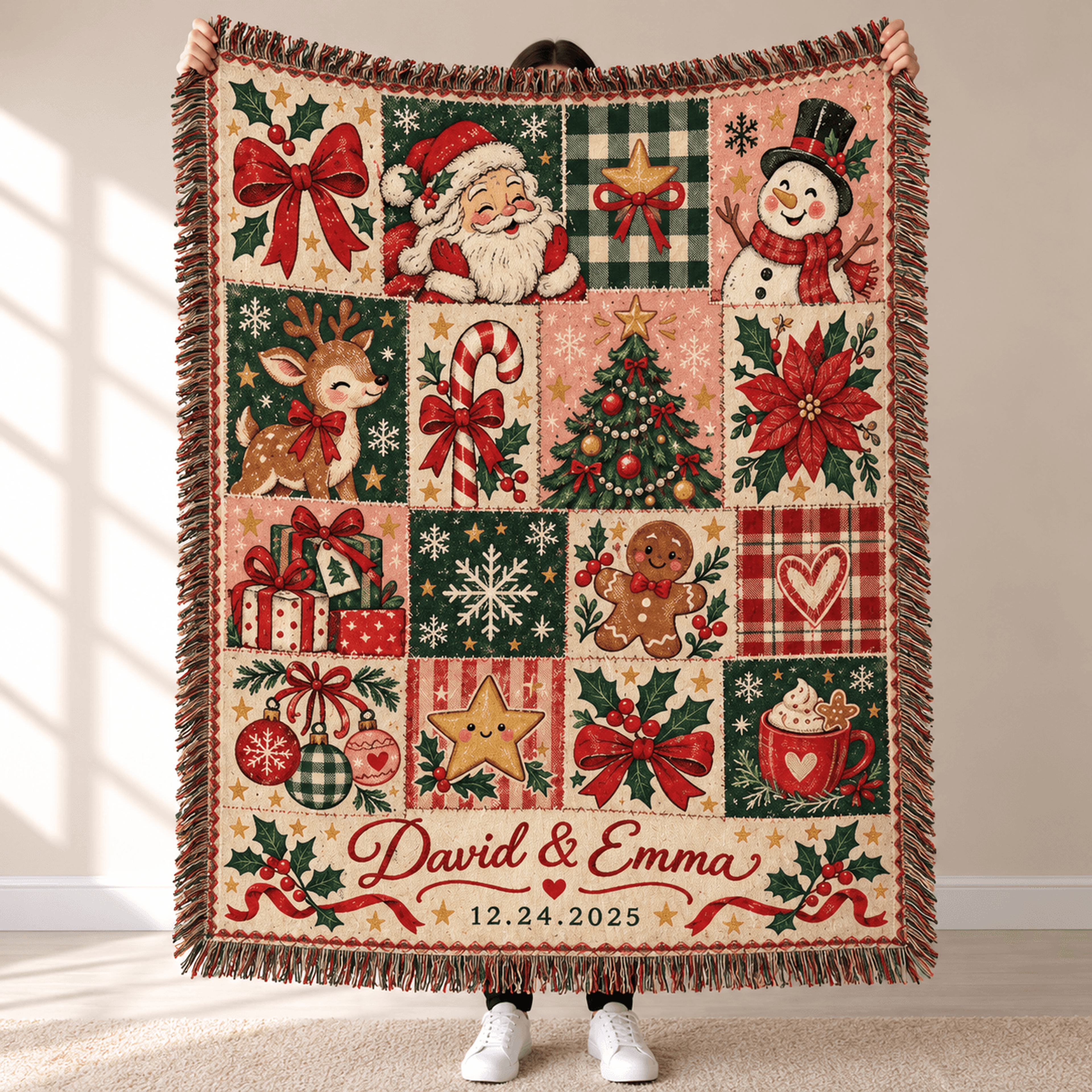 Personalized Christmas Woven Blanket Custom Couple Names And Date Cute Holiday Patchwork Throw Fest 0