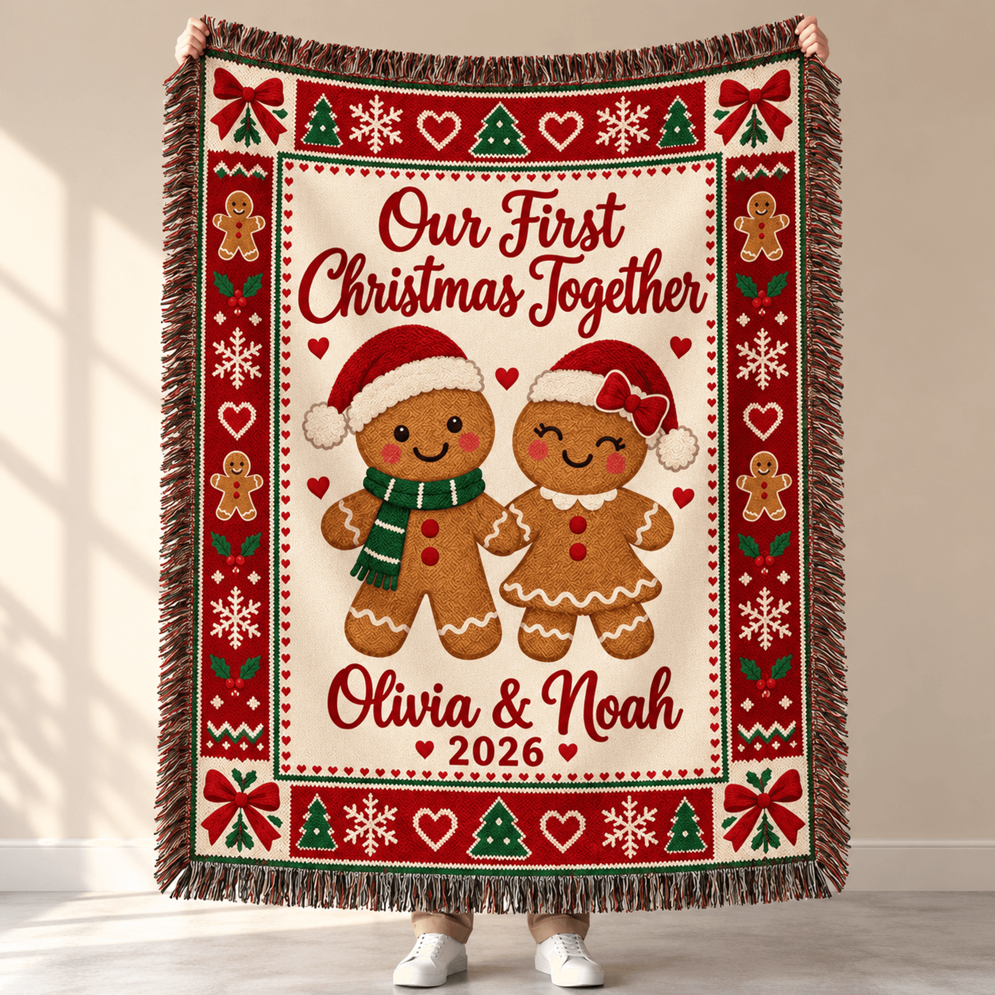 Personalized First Christmas Together Woven Blanket Custom Couple Names Gingerbread Throw Cute Holi 0