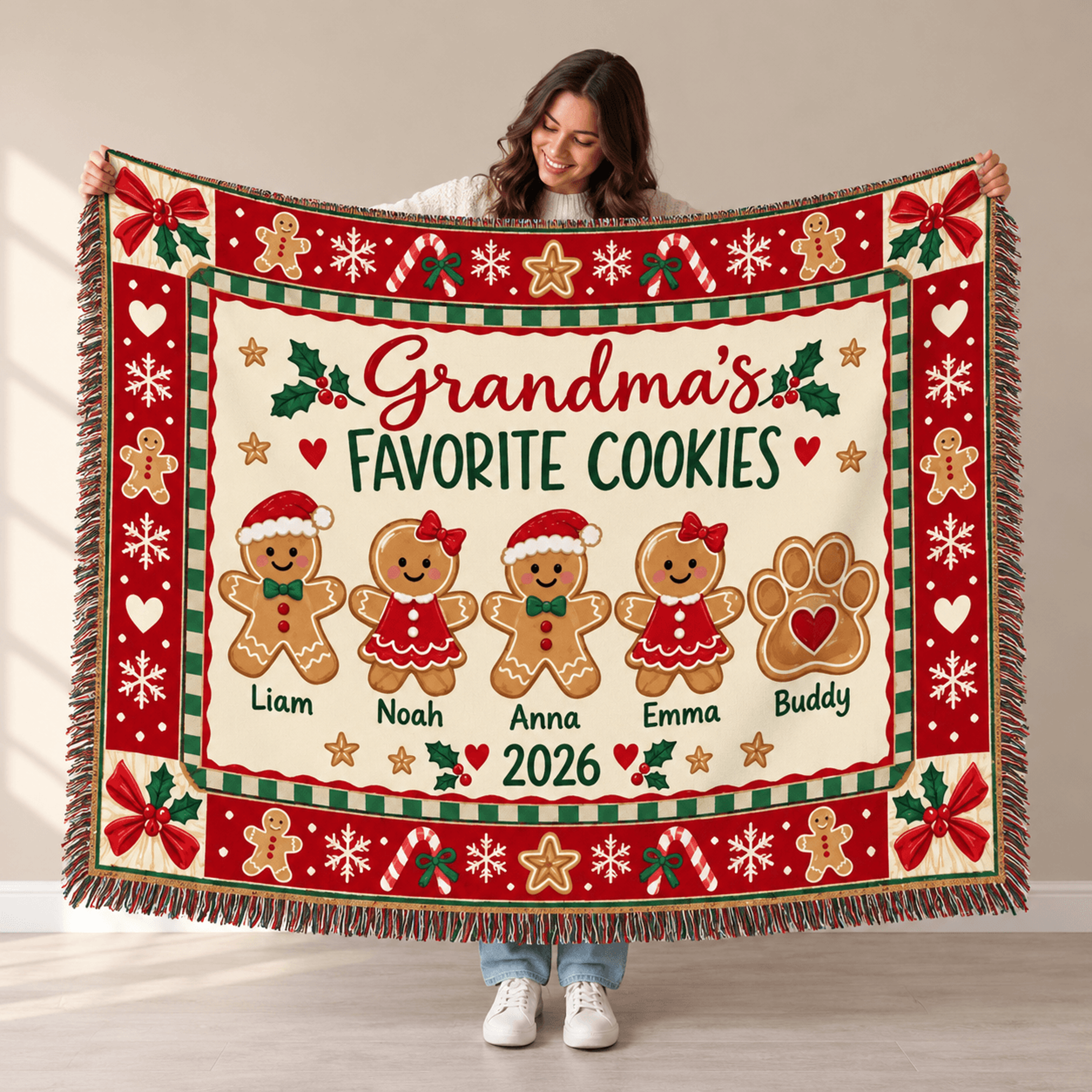 Personalized Grandmas Favorite Cookies Woven Blanket Custom Grandkids Names Gingerbread Christmas T 0