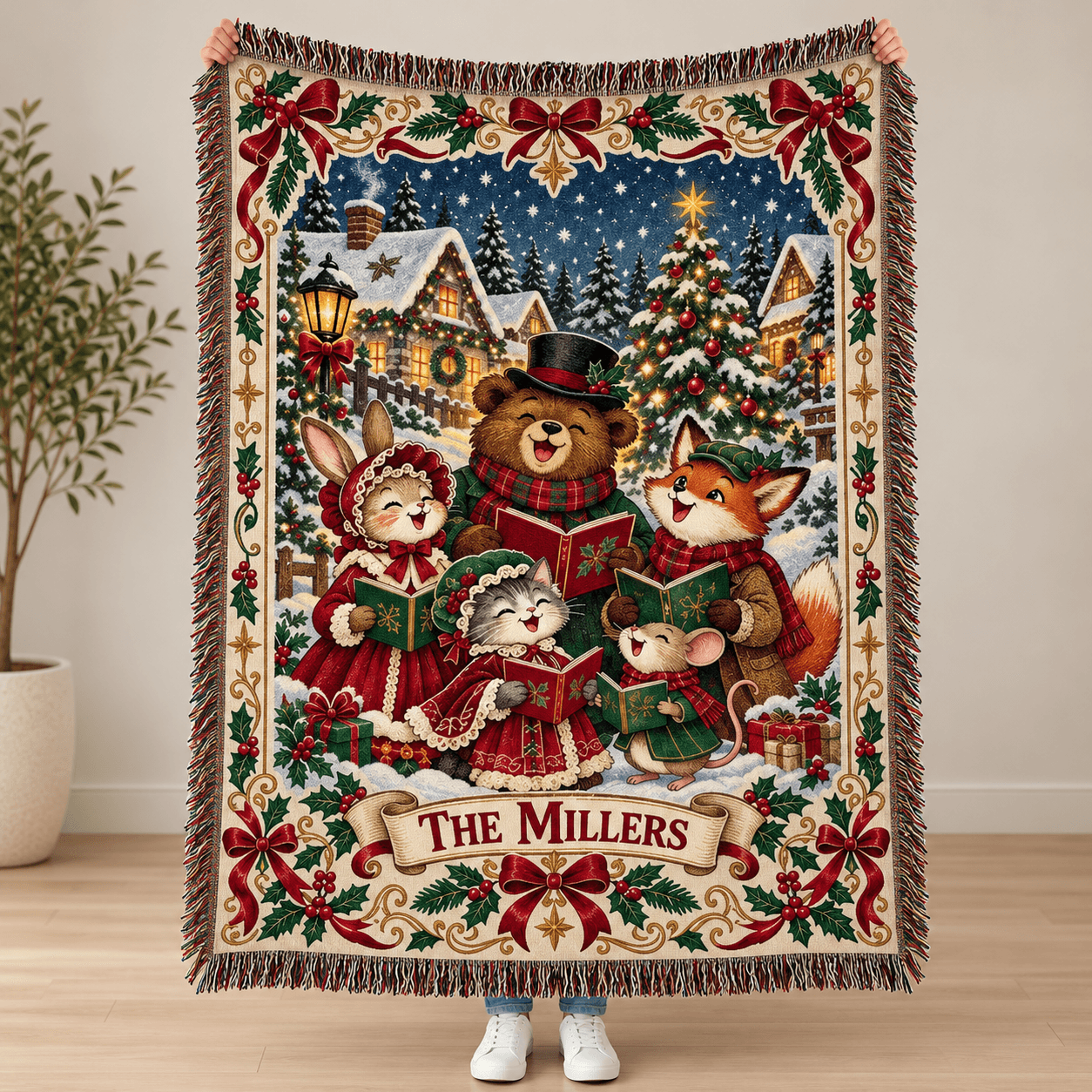 Personalized Christmas Caroling Animals Woven Blanket Custom Family Name Holiday Throw Cute Woodlan 0