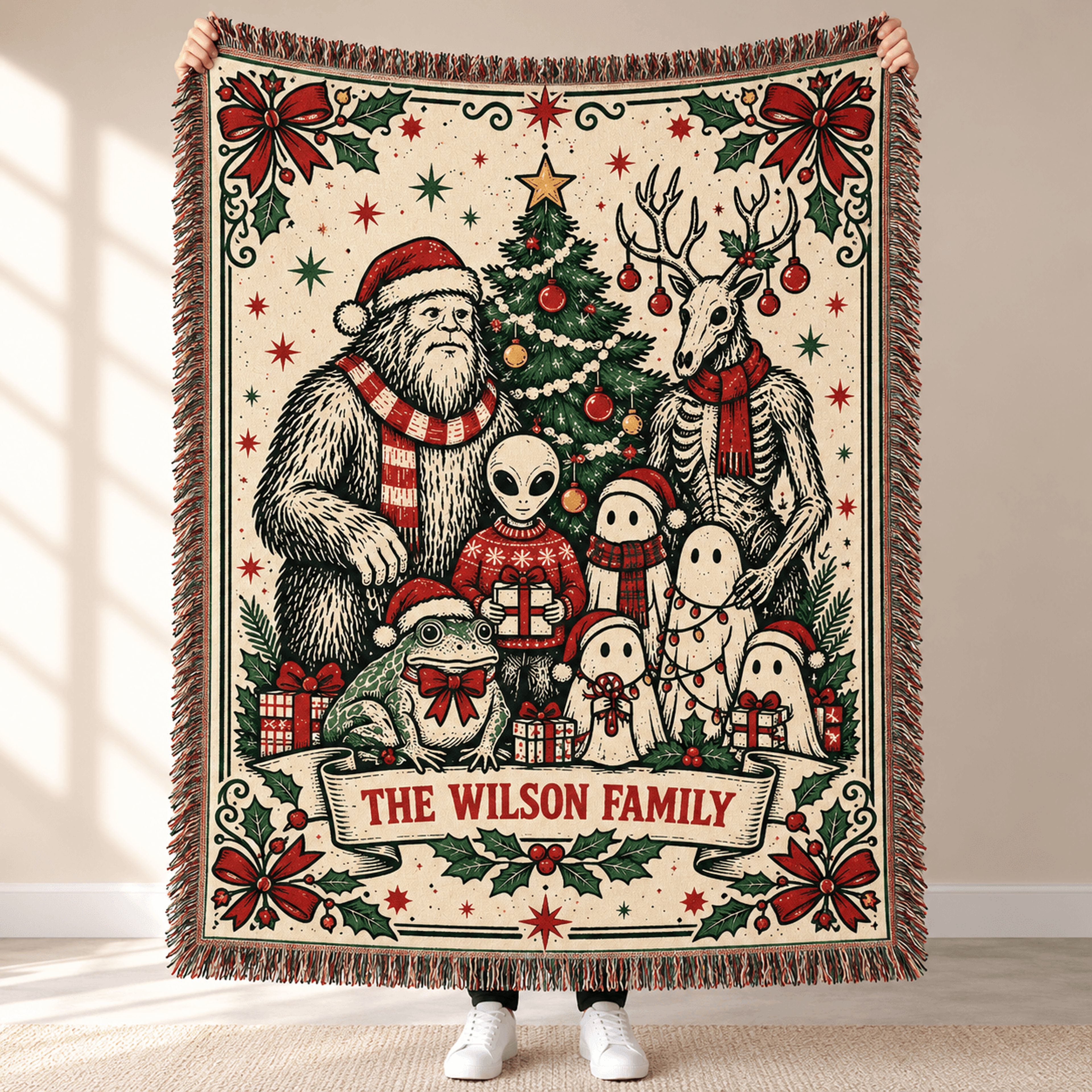Personalized Spooky Christmas Woven Blanket Custom Family Name Bigfoot Alien Ghost Holiday Throw Fu 0